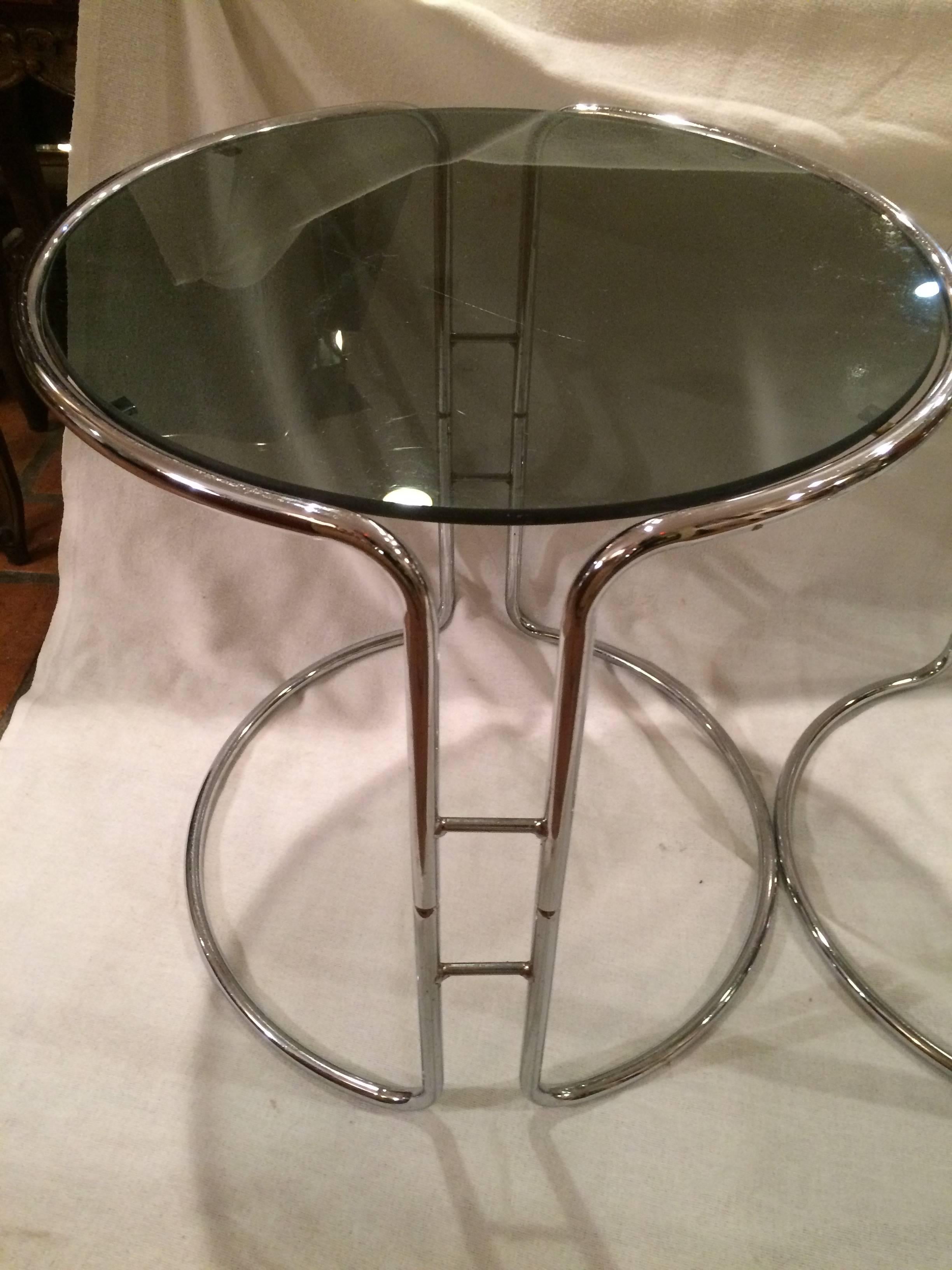 American Set of Three Milo Baughman Chrome and Smoked Glass Stacking Tables