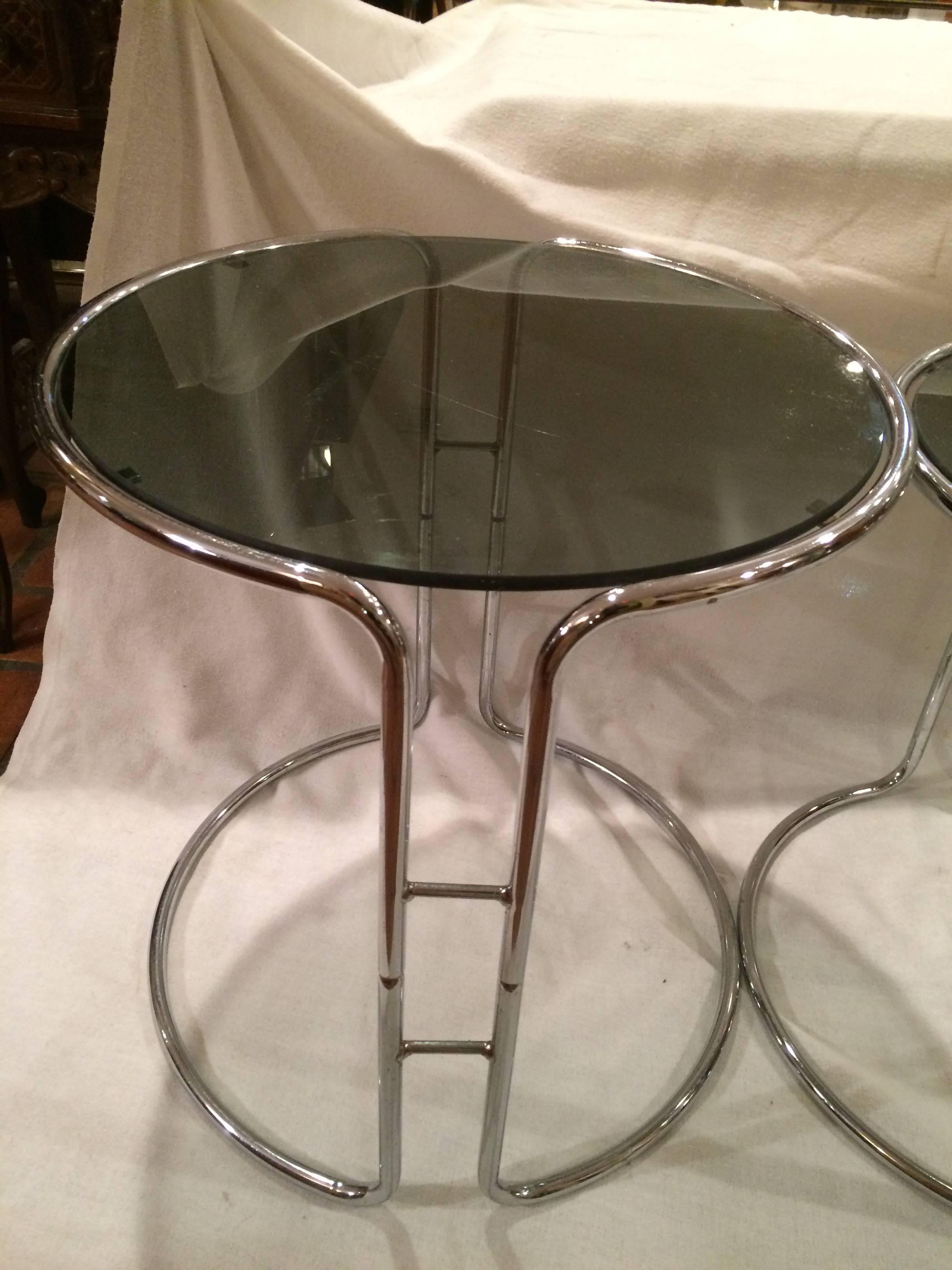 Plated Set of Three Milo Baughman Chrome and Smoked Glass Stacking Tables