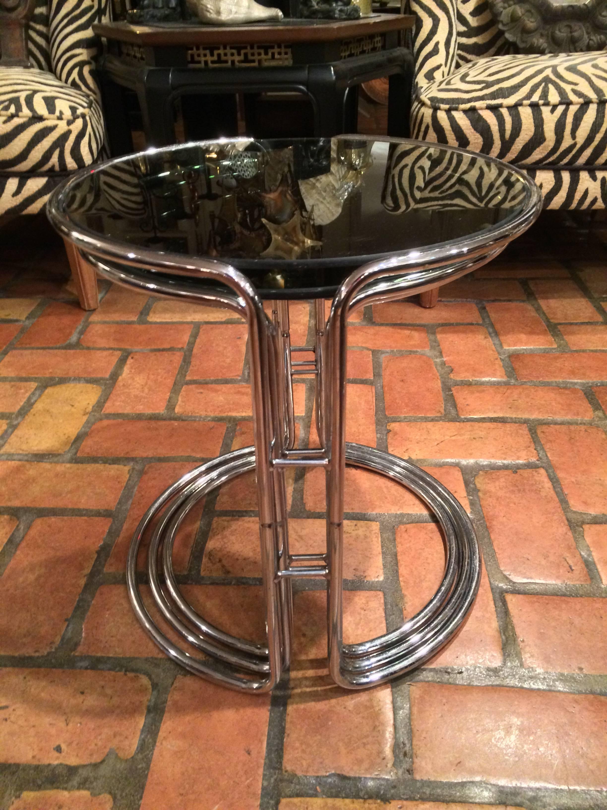 Set of Three Milo Baughman Chrome and Smoked Glass Stacking Tables 1