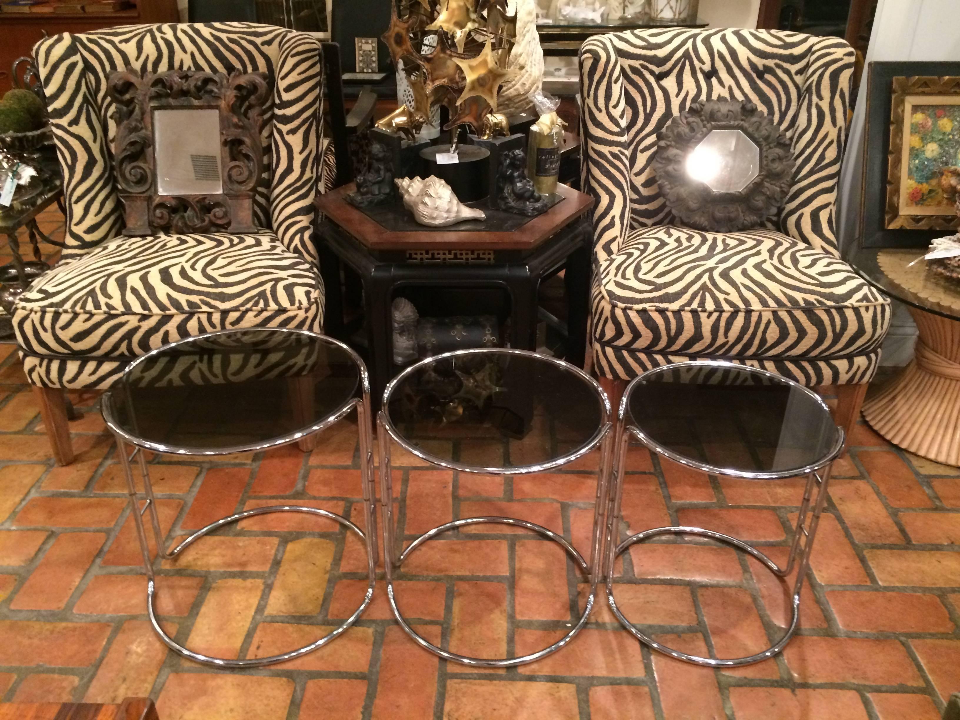 Set of Three Milo Baughman Chrome and Smoked Glass Stacking Tables 2
