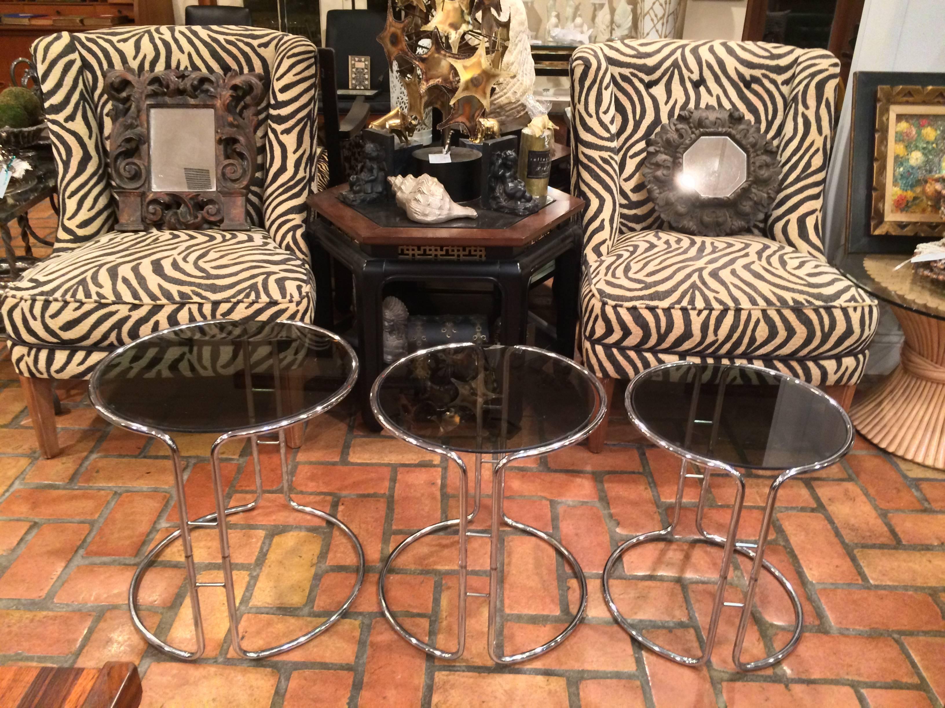 Set of Three Milo Baughman Chrome and Smoked Glass Stacking Tables 3