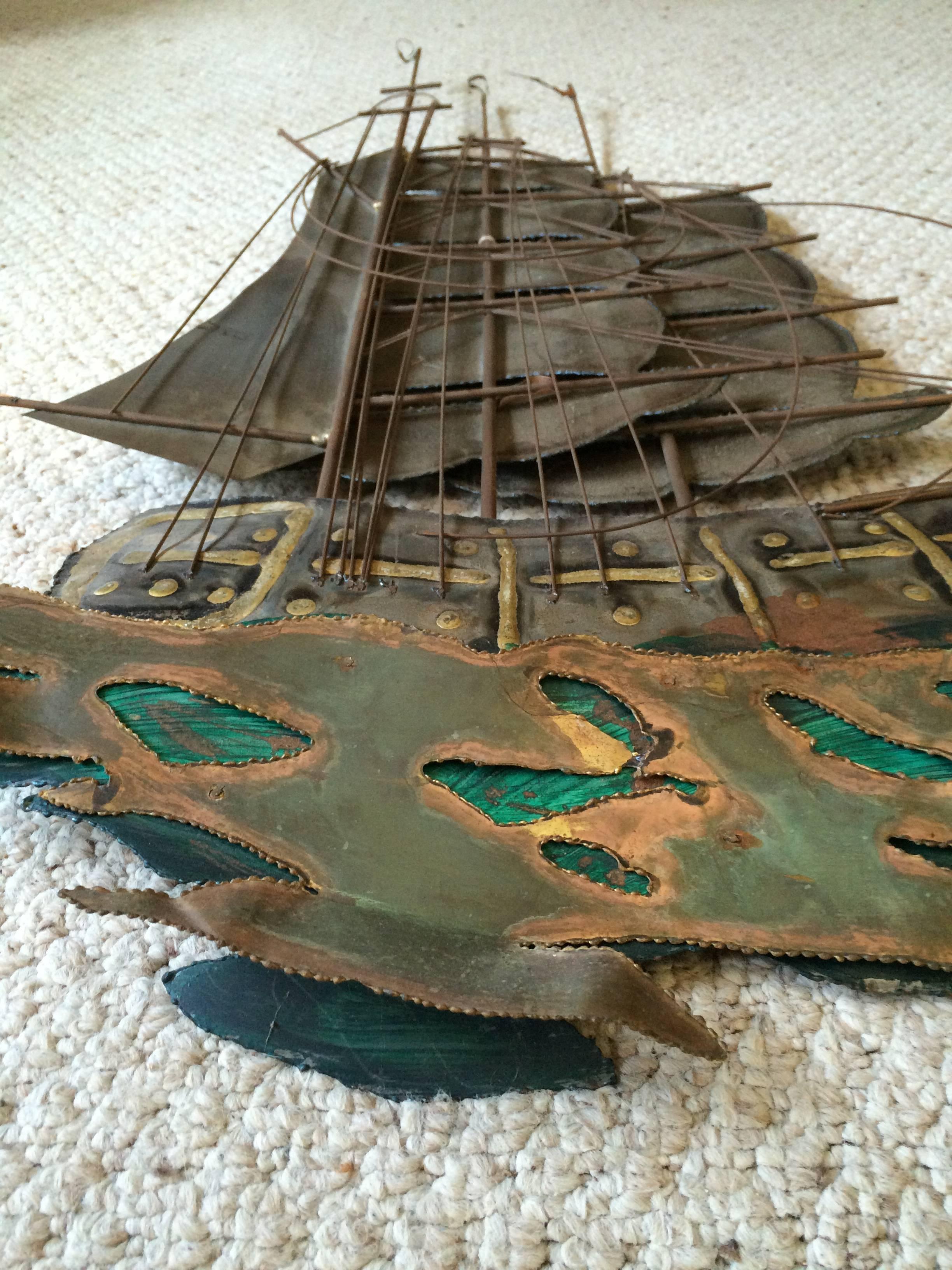 Brass Brutalist Mid Century Ship Wall Sculpture For Sale