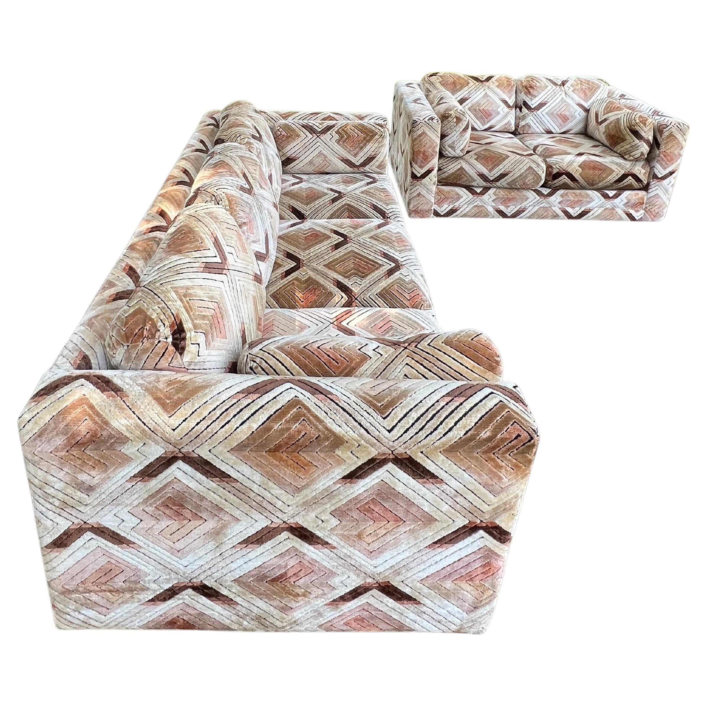 Pair of Milo Baughman Tuxedo Sofas in Chevron Pattern