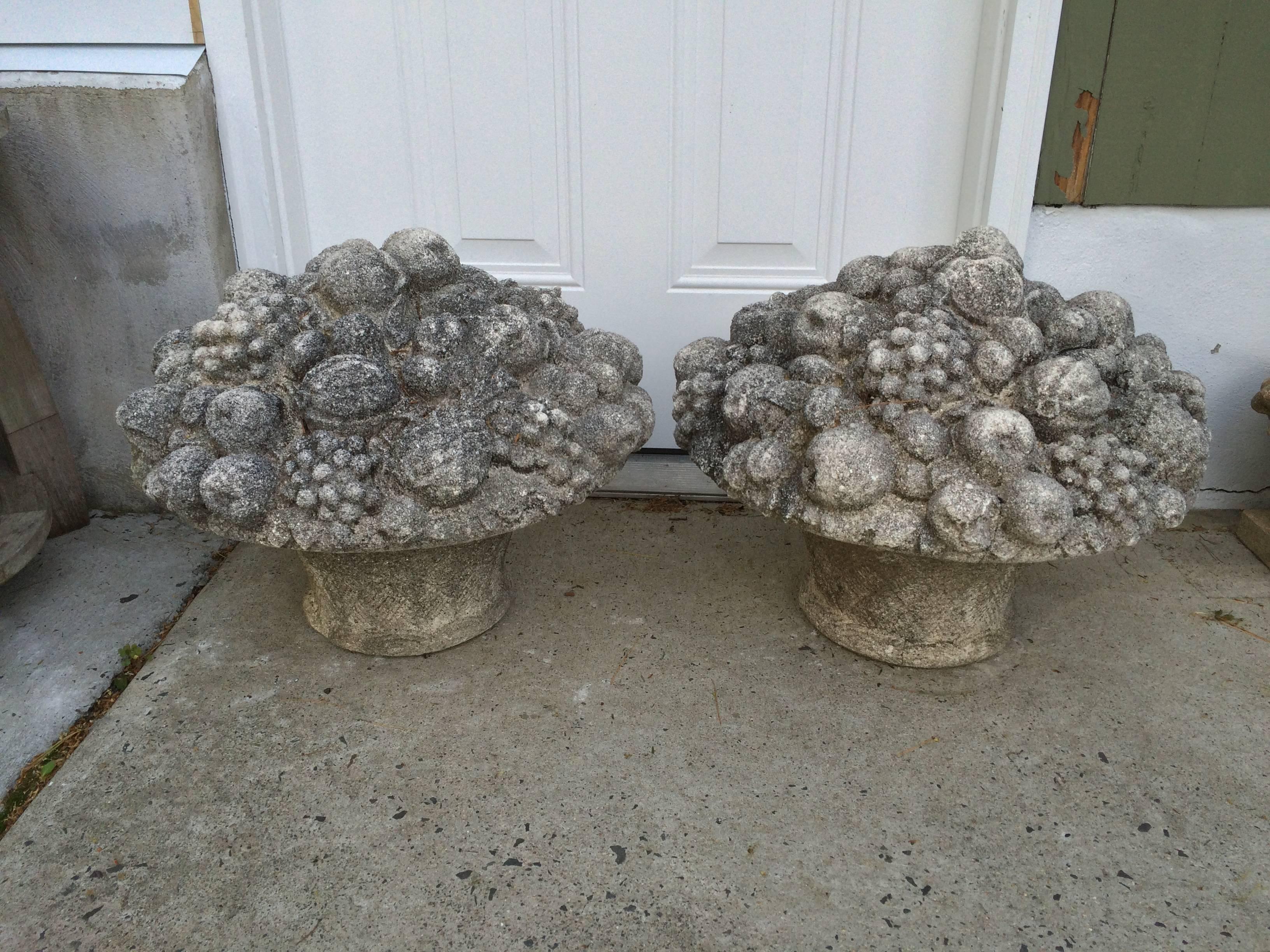 American Classical Monumental Pair of Antique Cast Stone Fruit and Flower Baskets For Sale