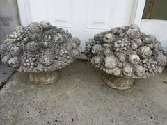 Monumental Pair of Antique Cast Stone Fruit and Flower Baskets