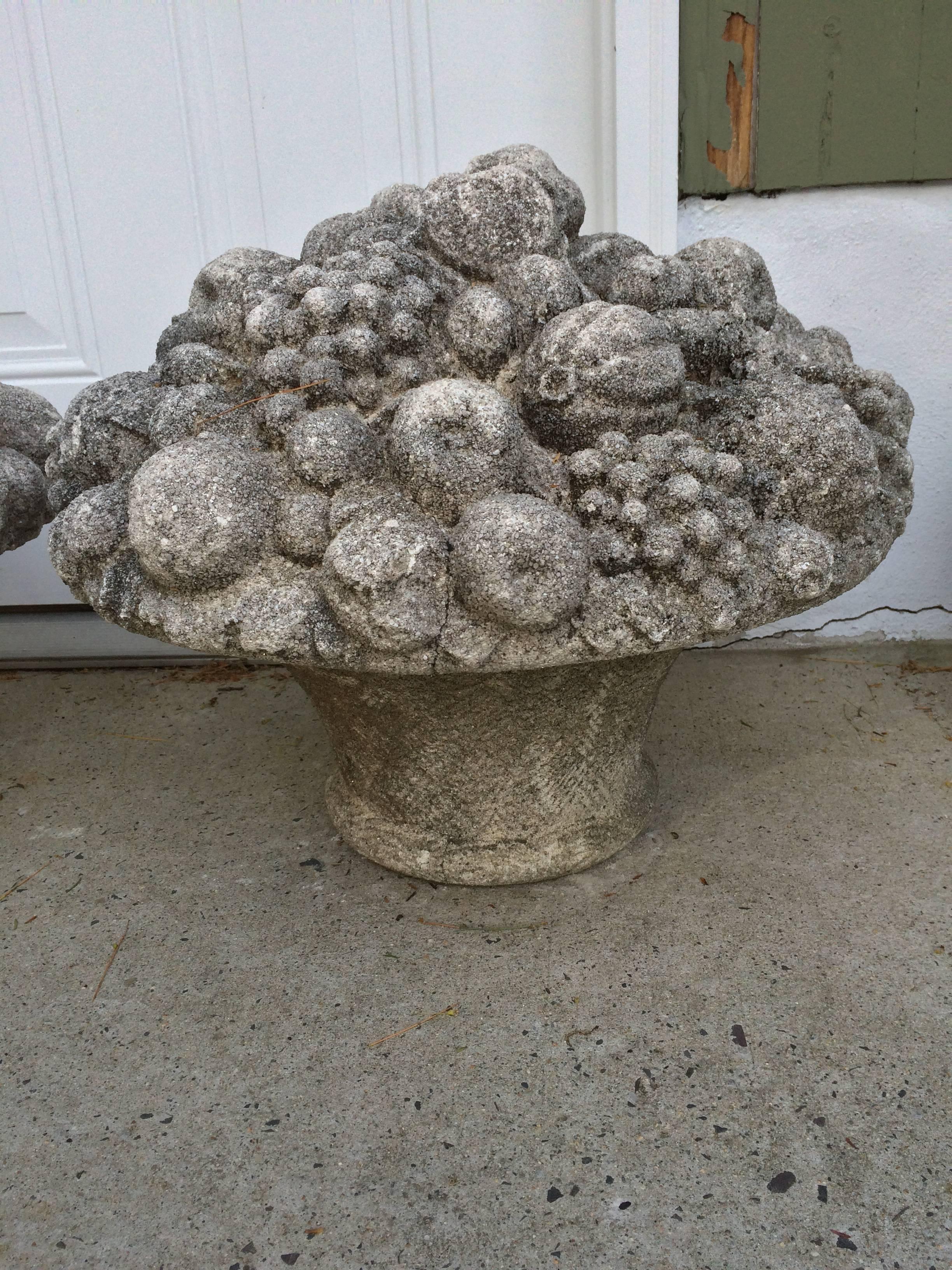 Mid-20th Century Monumental Pair of Antique Cast Stone Fruit and Flower Baskets For Sale