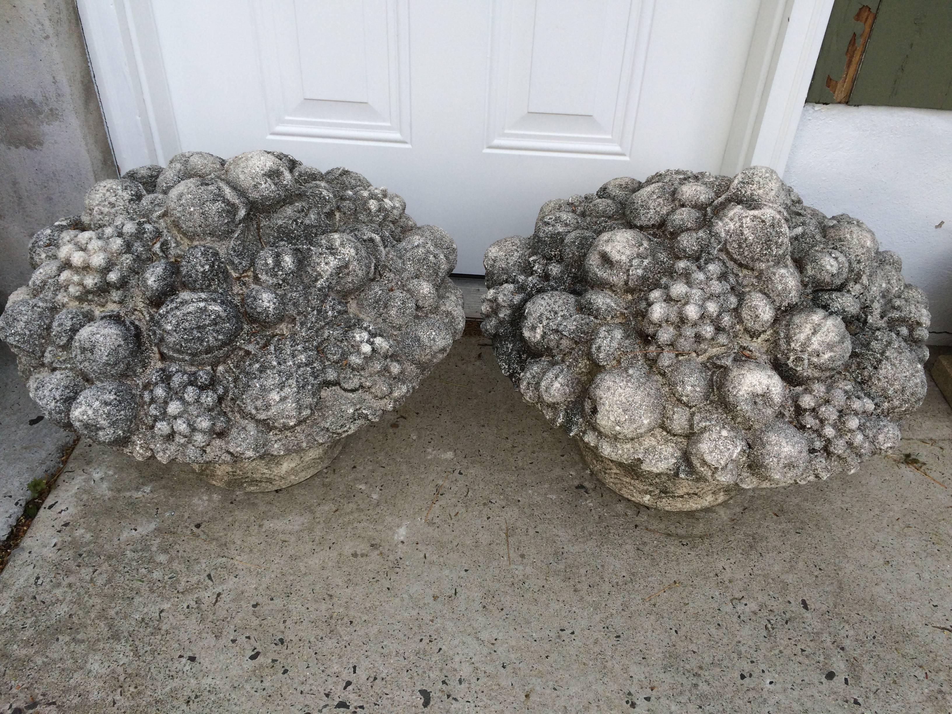 Monumental Pair of Antique Cast Stone Fruit and Flower Baskets For Sale 2