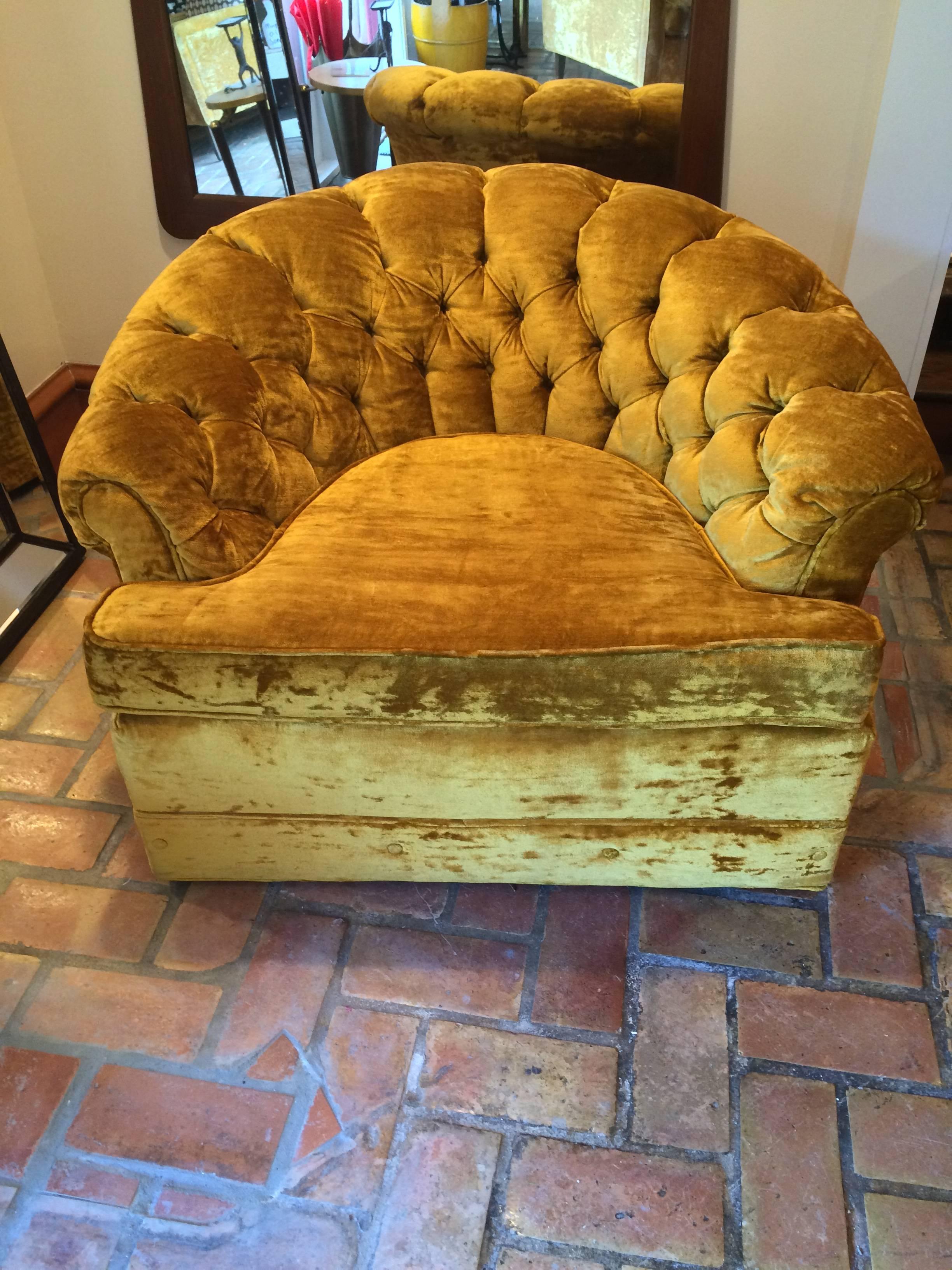 Hollywood Regency crushed velvet club chair. In a lovely golden-yellow mustard color. Sink into this chair and you will not want to get up.