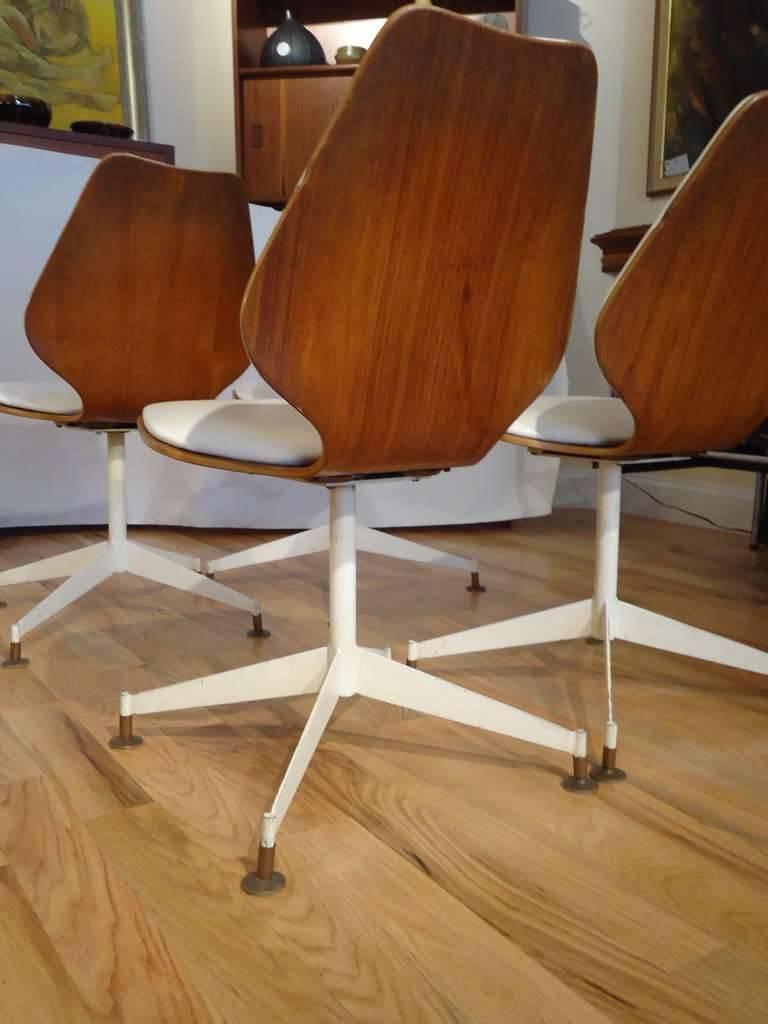 Brass Set of Four Mid-Century Modern Teak Bentwood Swivel Chairs