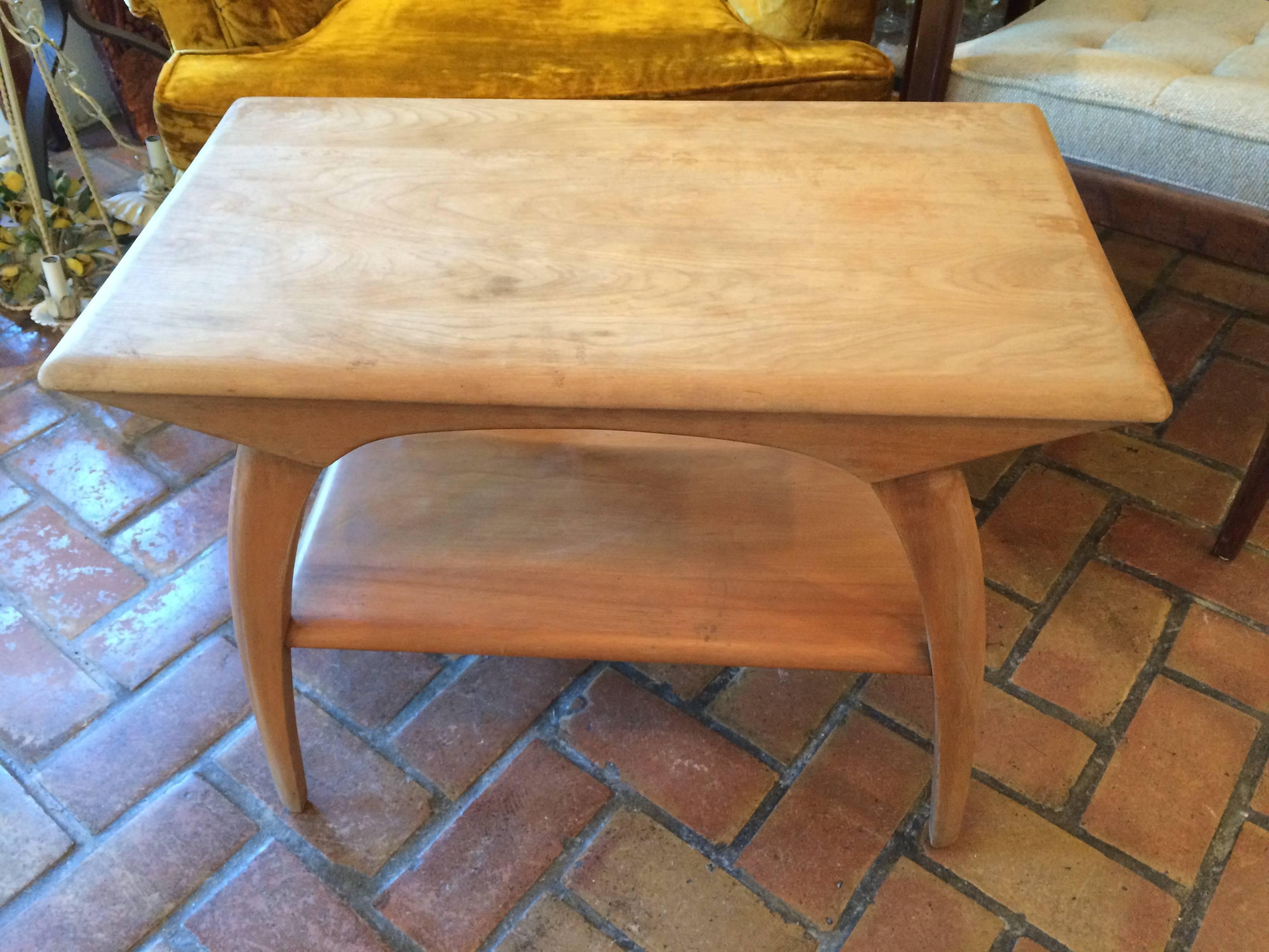 Heywood-Wakefield side or end table. Signed and stamped. Blond wood Champagne color. Needs to be refinished.
