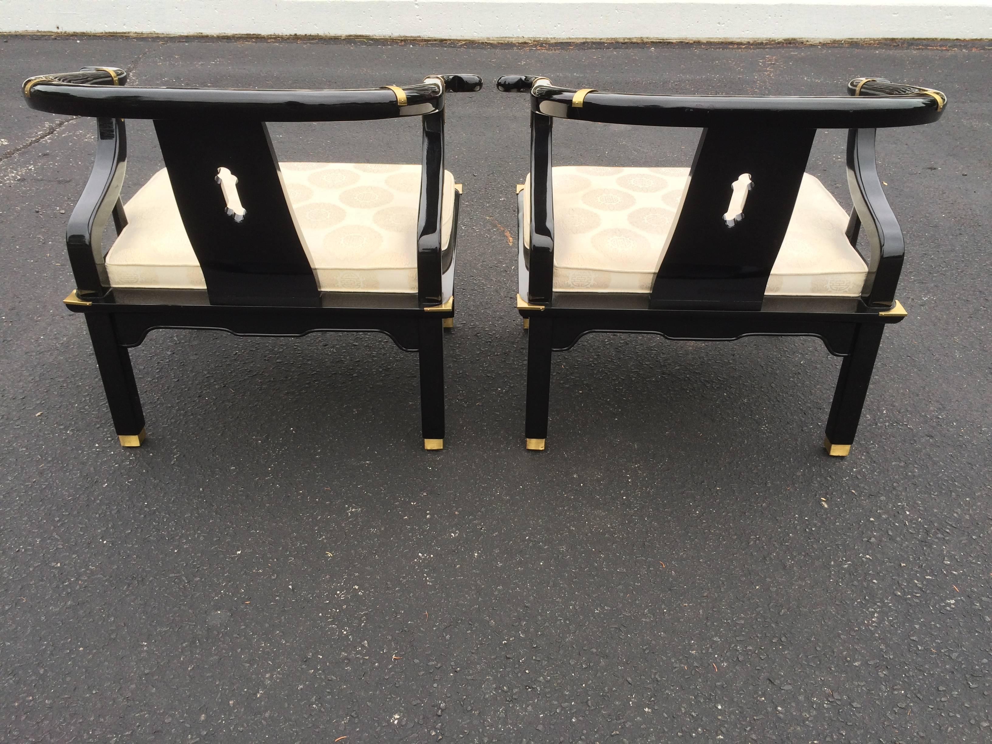 Mid-20th Century Pair of Century Asian Lacquered and Brass Chairs, the style of James Mont