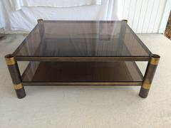 Signed Karl Springer Two-Tiered Smoked Glass Coffee Table