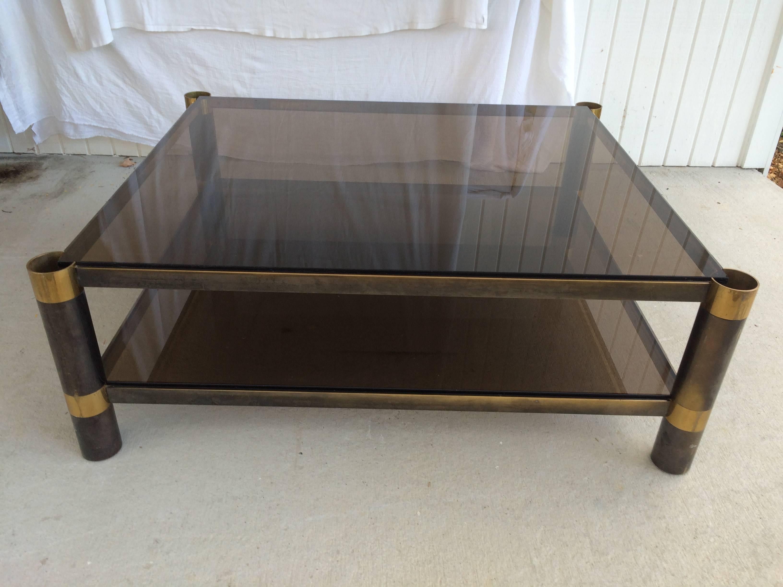 Mid-Century Modern Signed Karl Springer Two-Tiered Smoked Glass Coffee Table