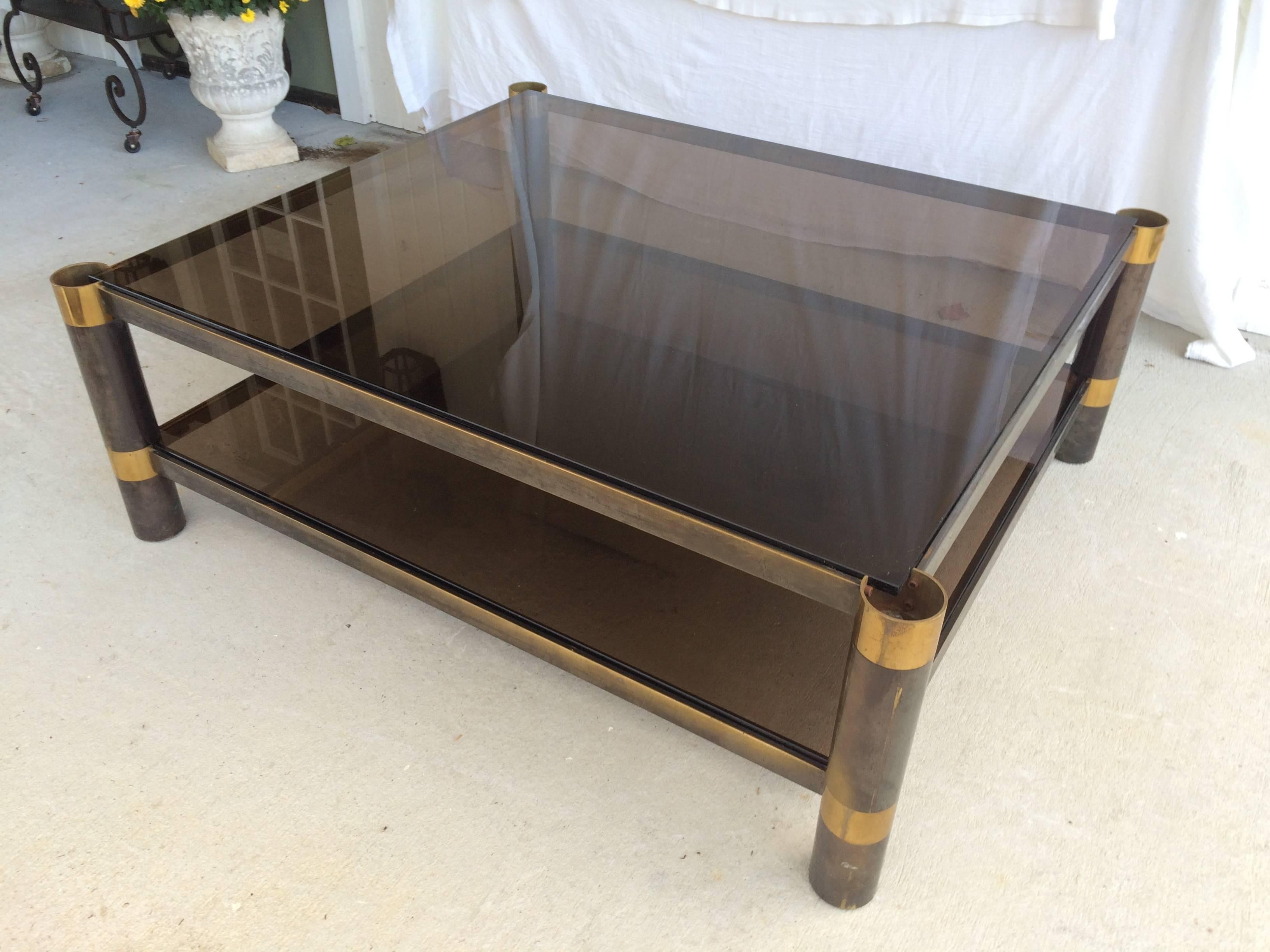 Late 20th Century Signed Karl Springer Two-Tiered Smoked Glass Coffee Table