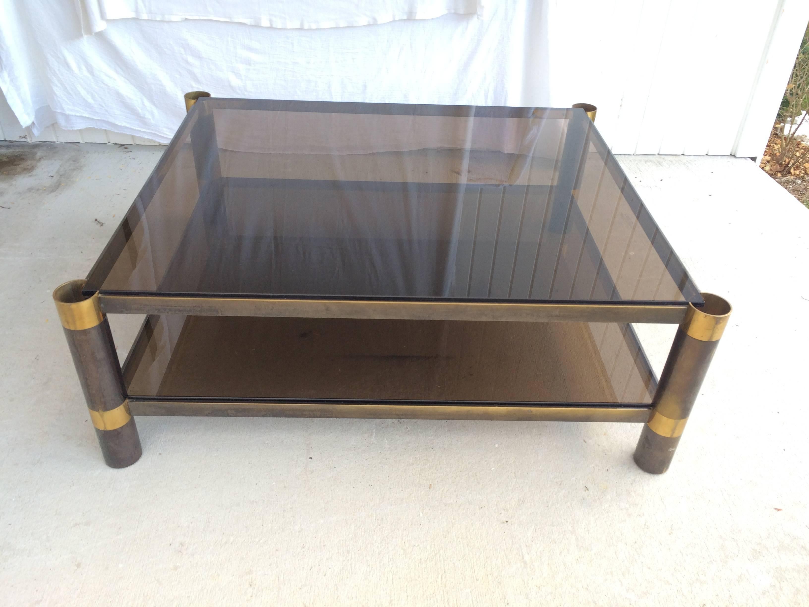 Brass Signed Karl Springer Two-Tiered Smoked Glass Coffee Table