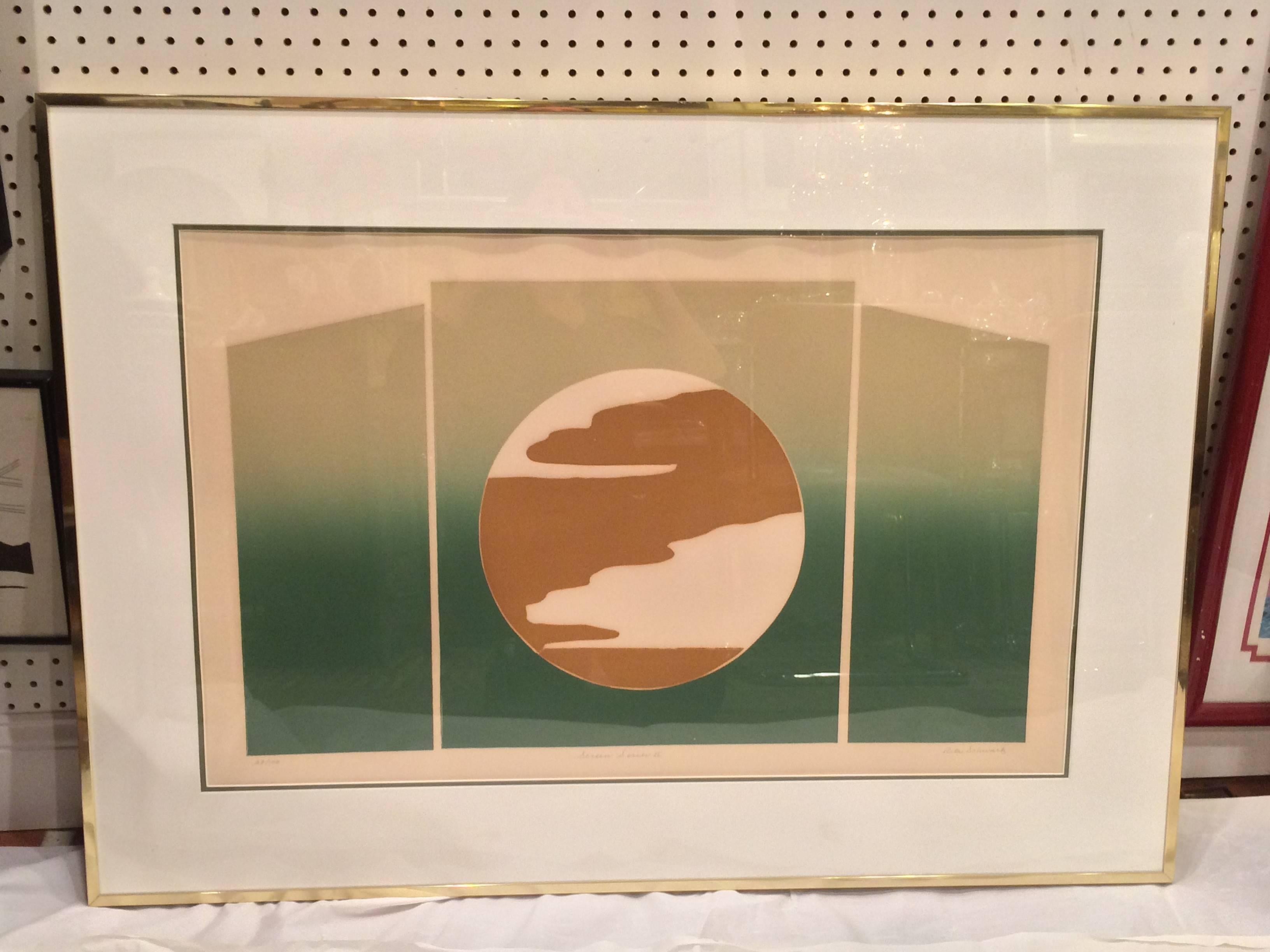 Mid Century Post Modern Signed and numbered silk screen By Rita Schwartz. Matted and framed and in very good condition. Nice, Large affordable piece of original art. This item is too fragile to go parcel. Recommended for white glove delivery.
