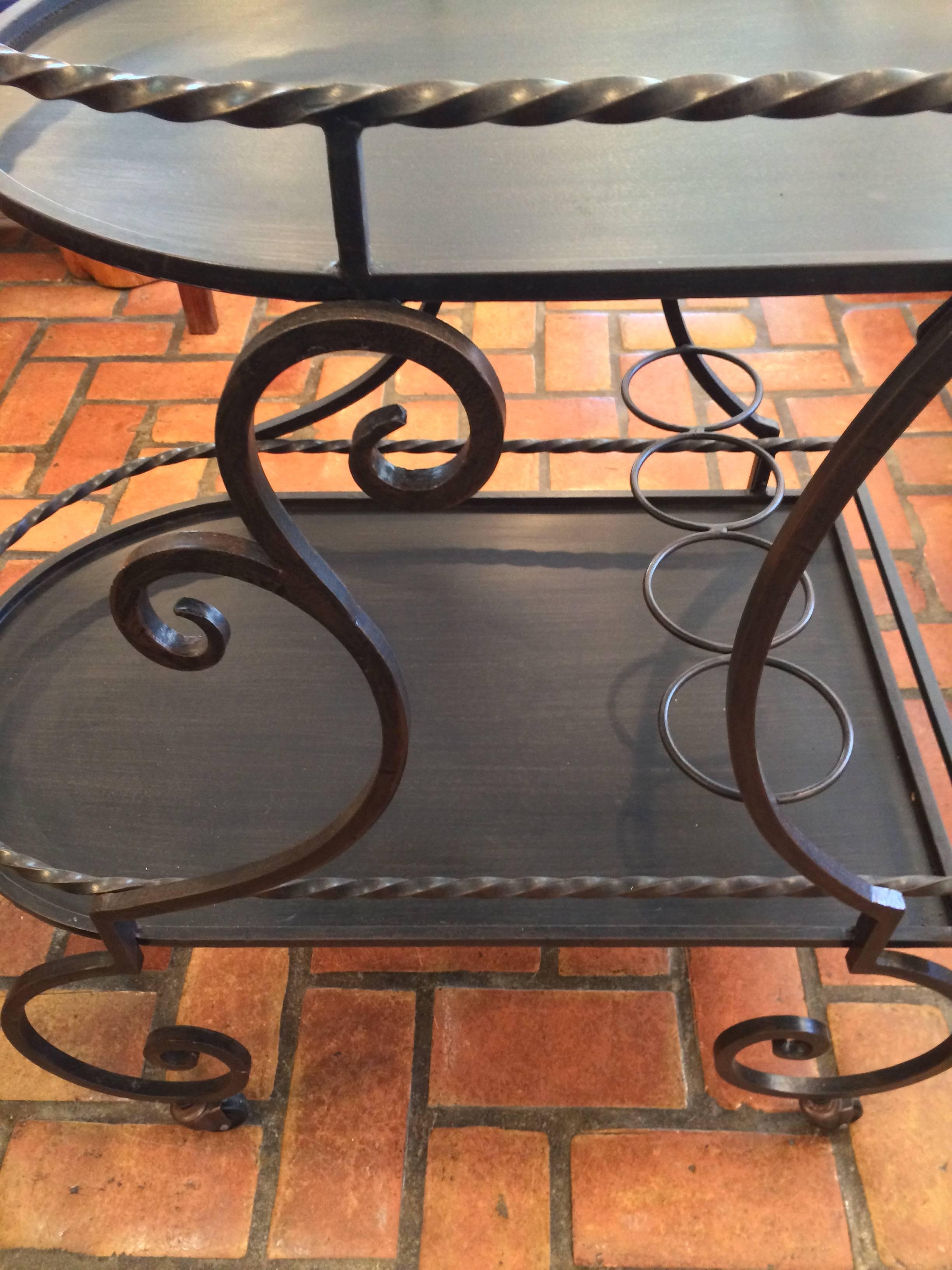 Wrought Iron Rolling Tea or Bar Cart In Excellent Condition In Redding, CT