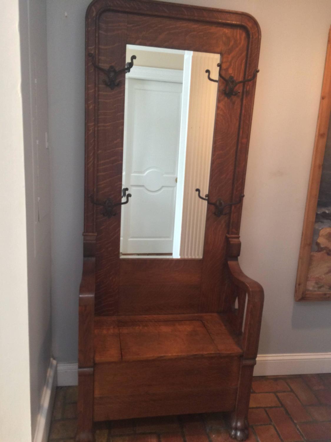 Antique Tiger Oak Hall Tree with Storage For Sale at 1stdibs
