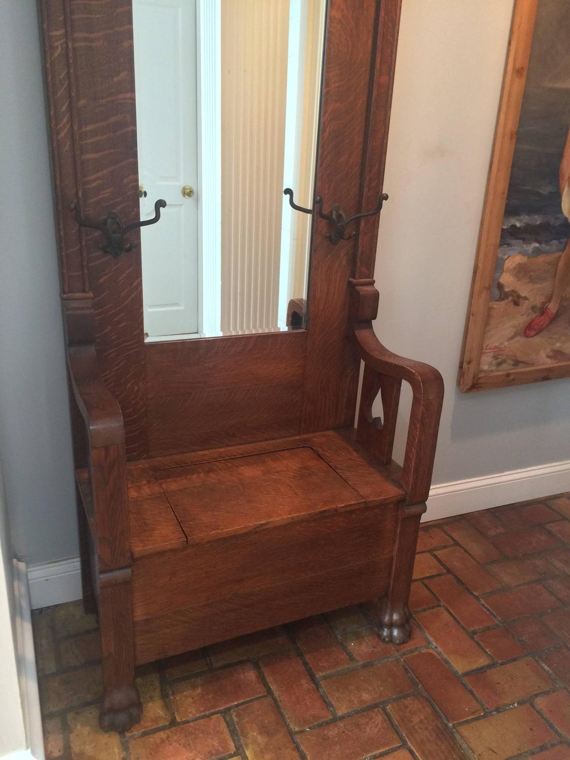 Antique Tiger Oak Hall Tree with Storage For Sale at 1stdibs
