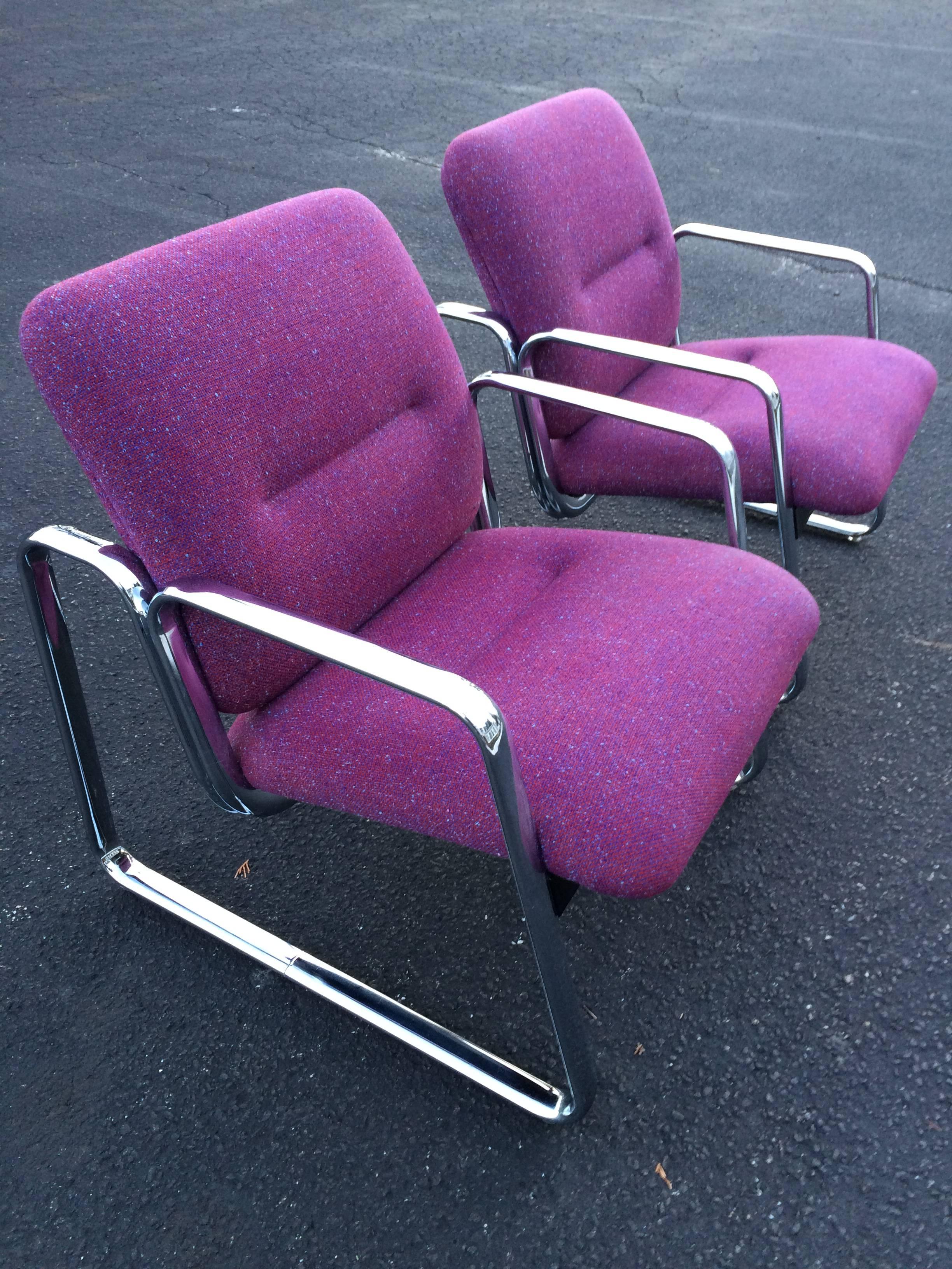 Pair of chrome steelcase chairs in violet. The remarkable color and condition of these chairs is amazing. So strong and sturdy! These chairs are kid friendly as well. Perfect to brighten up any room, office or home. Steelcase label underneath chair.