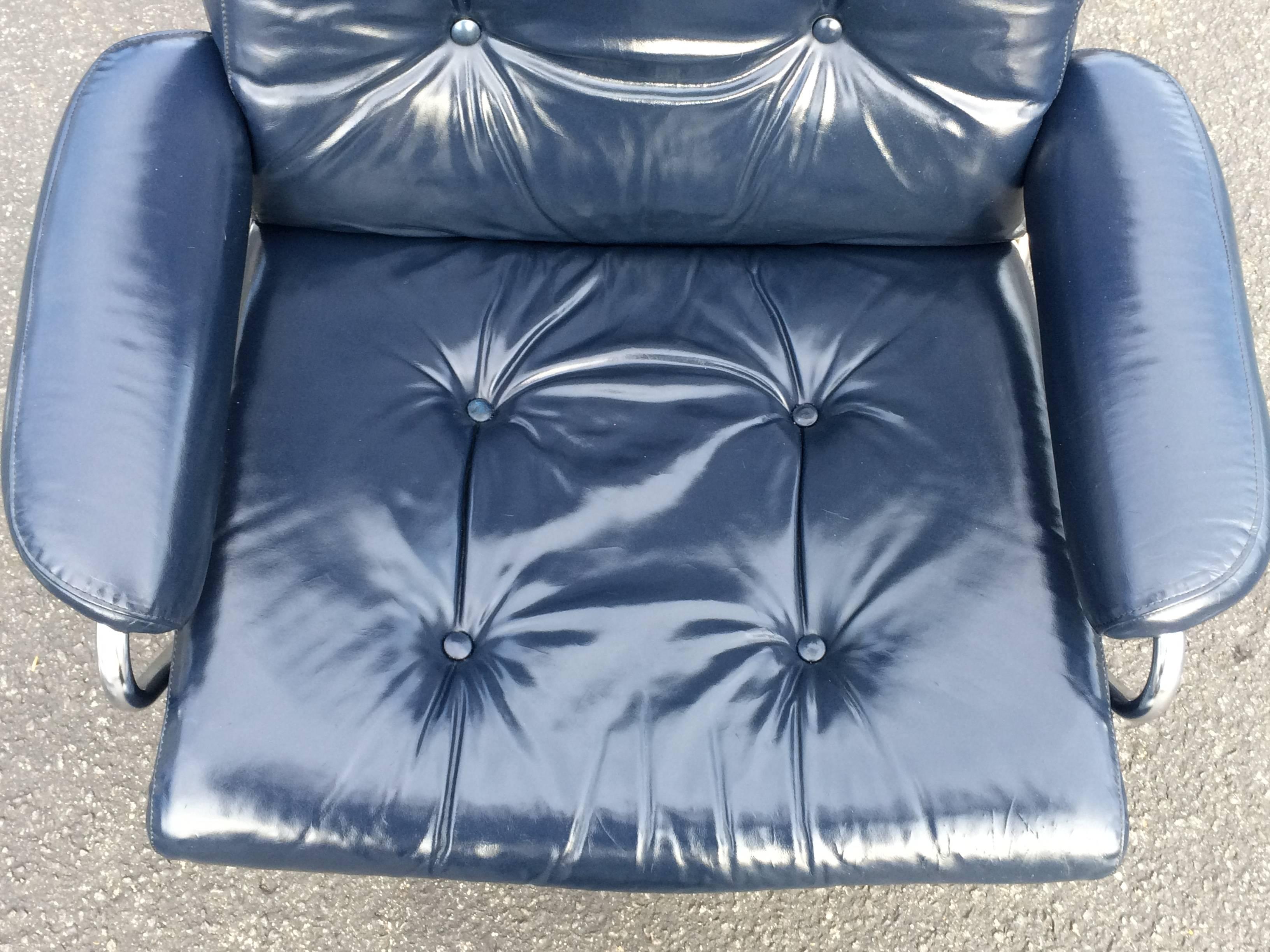 Mid-Century Modern Leather Plycraft  Recliner Lounge Chair and Ottoman in Blue