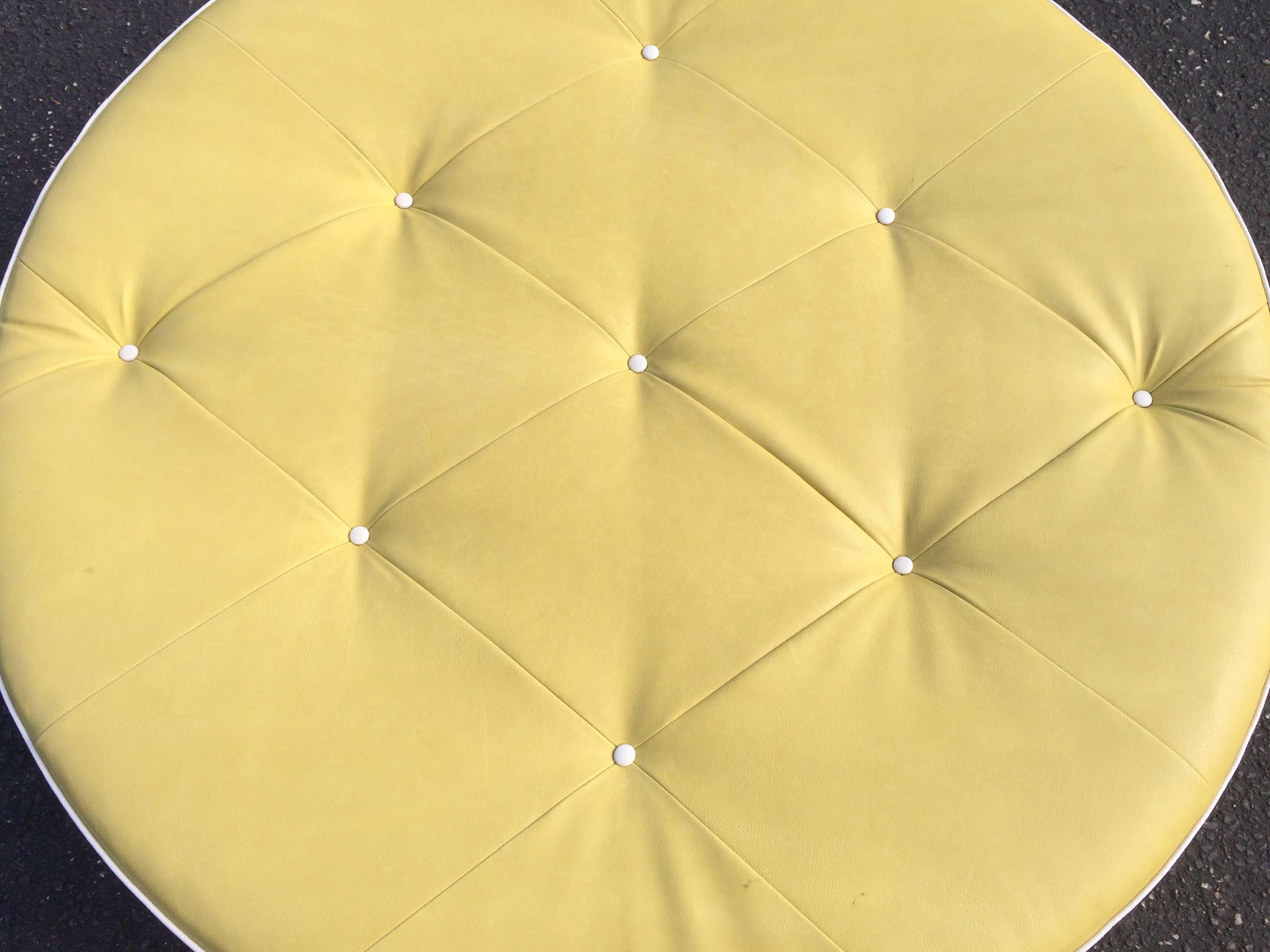 Hollywood Regency Tufted Round Yellow Ottoman on Brass Castors