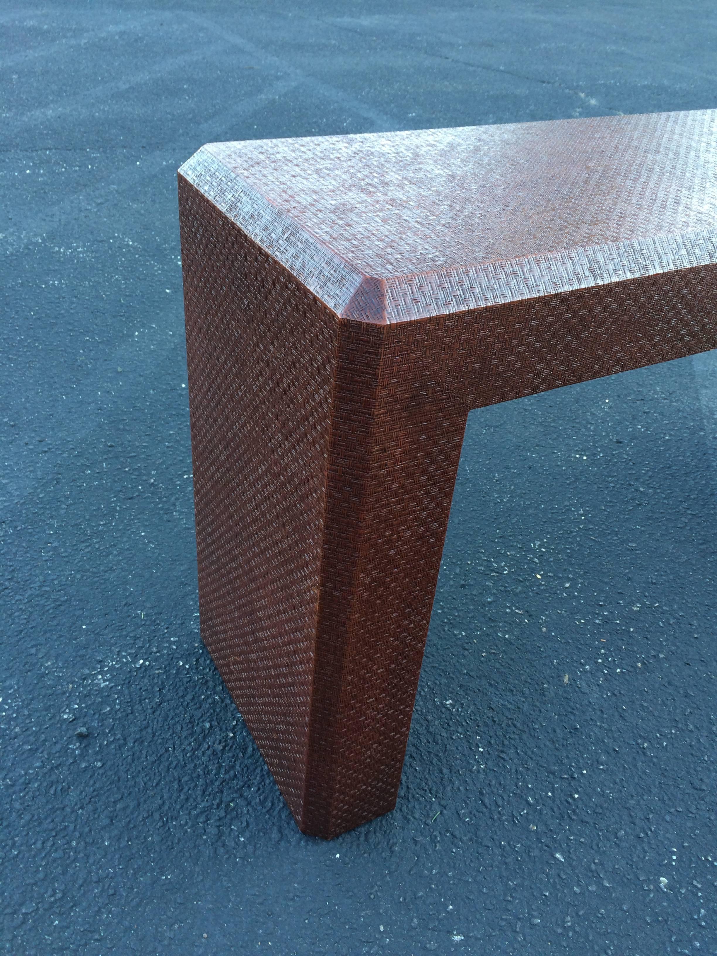 American Textural Grass Cloth Wrapped Parsons Table in the Style of Karl Springer