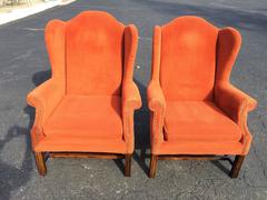 Pair of Orange Corduroy Wing Back Chairs