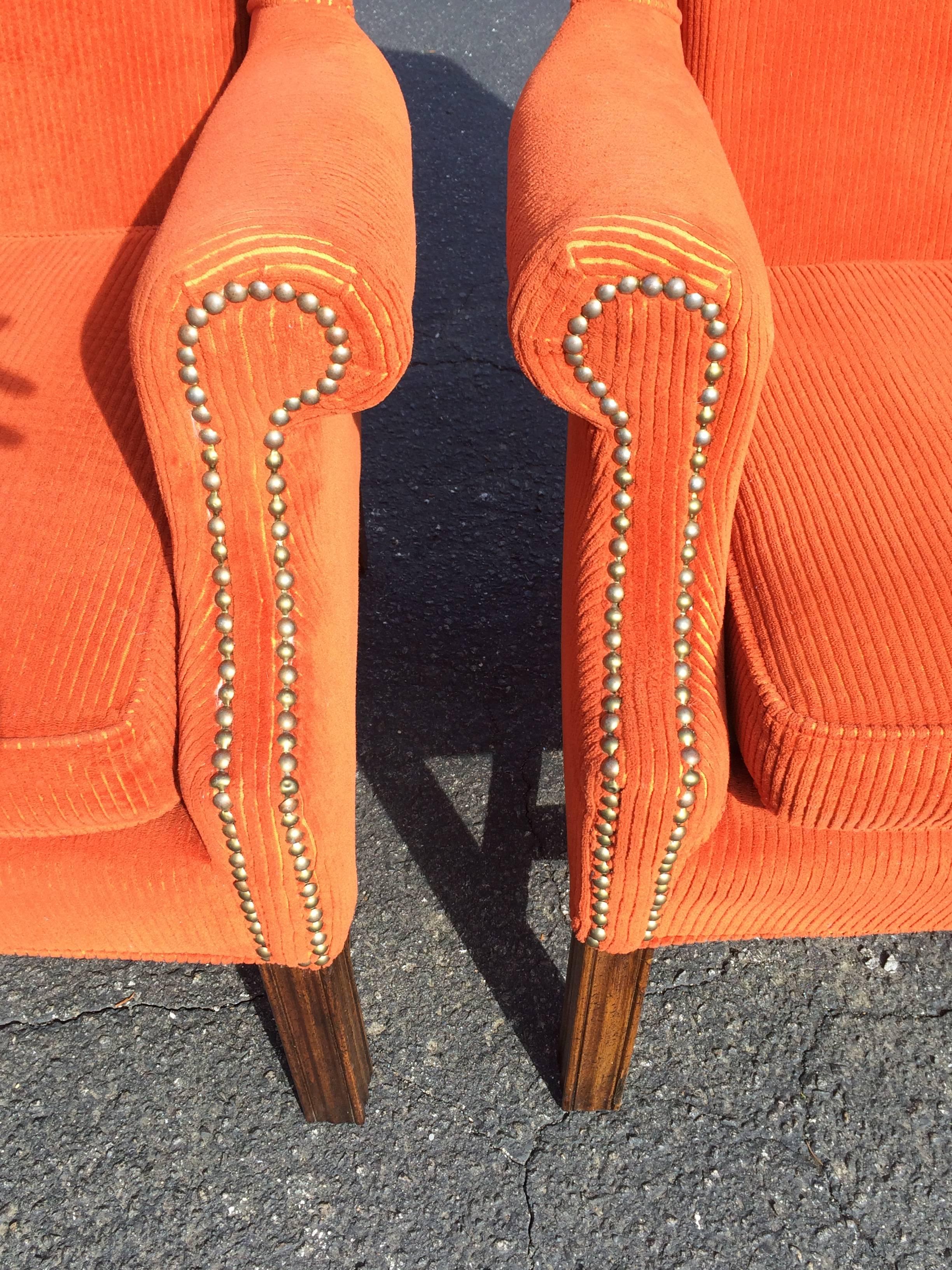 Pair of Orange Corduroy Wing Back Chairs In Good Condition In Redding, CT