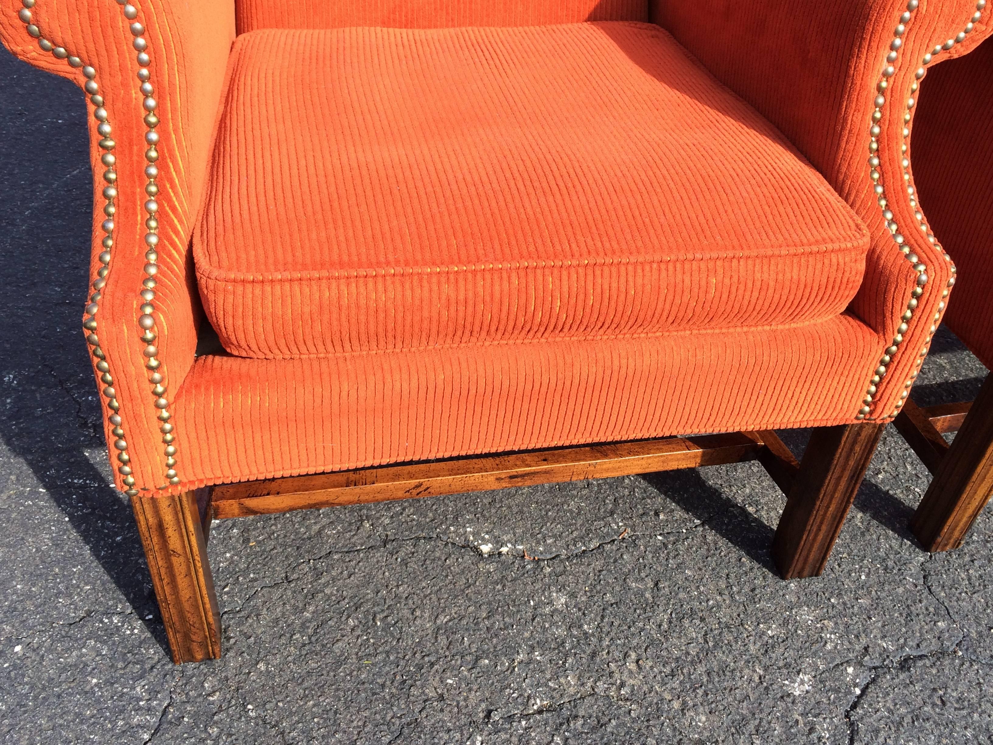 Late 20th Century Pair of Orange Corduroy Wing Back Chairs