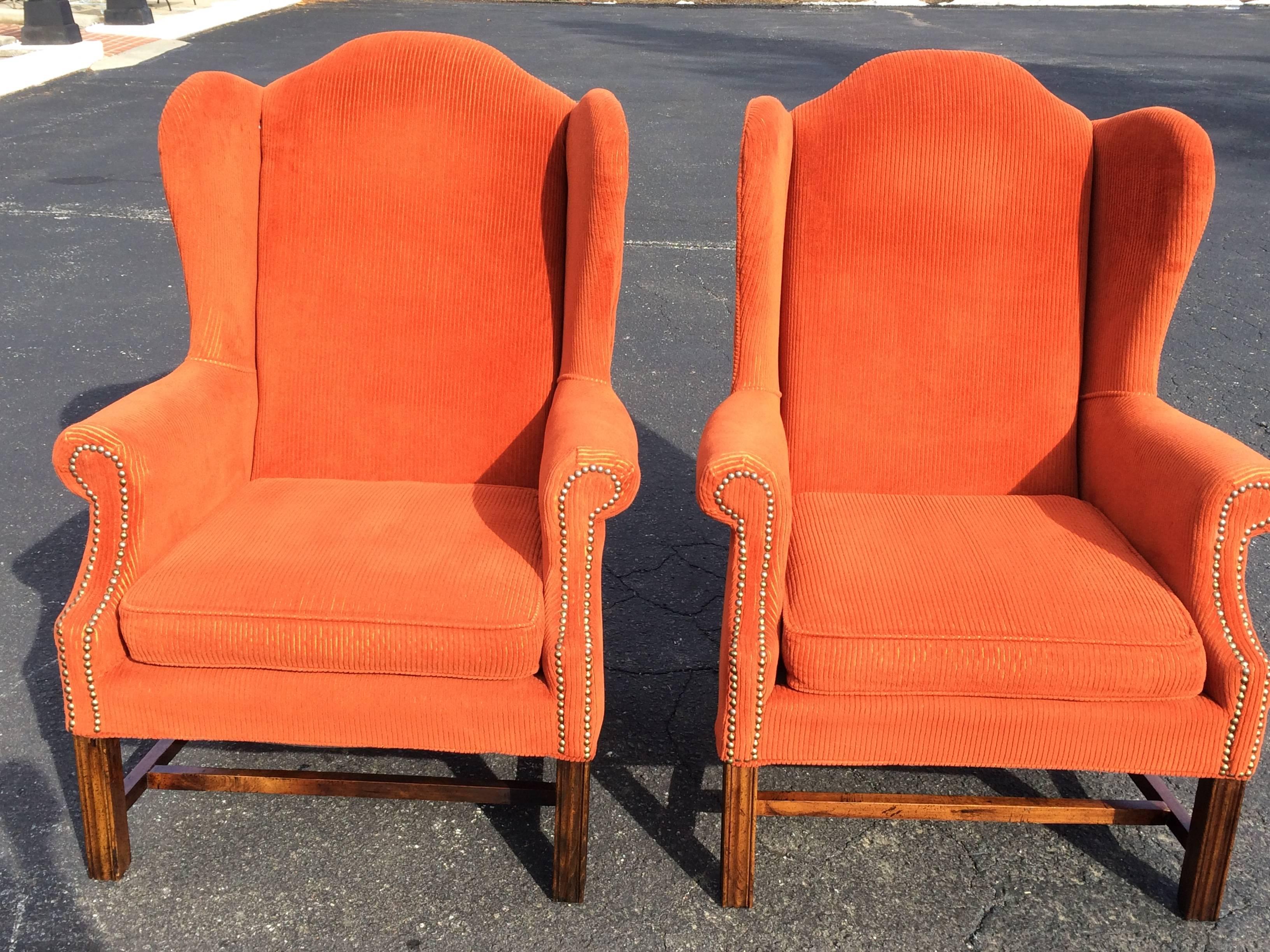 Brass Pair of Orange Corduroy Wing Back Chairs