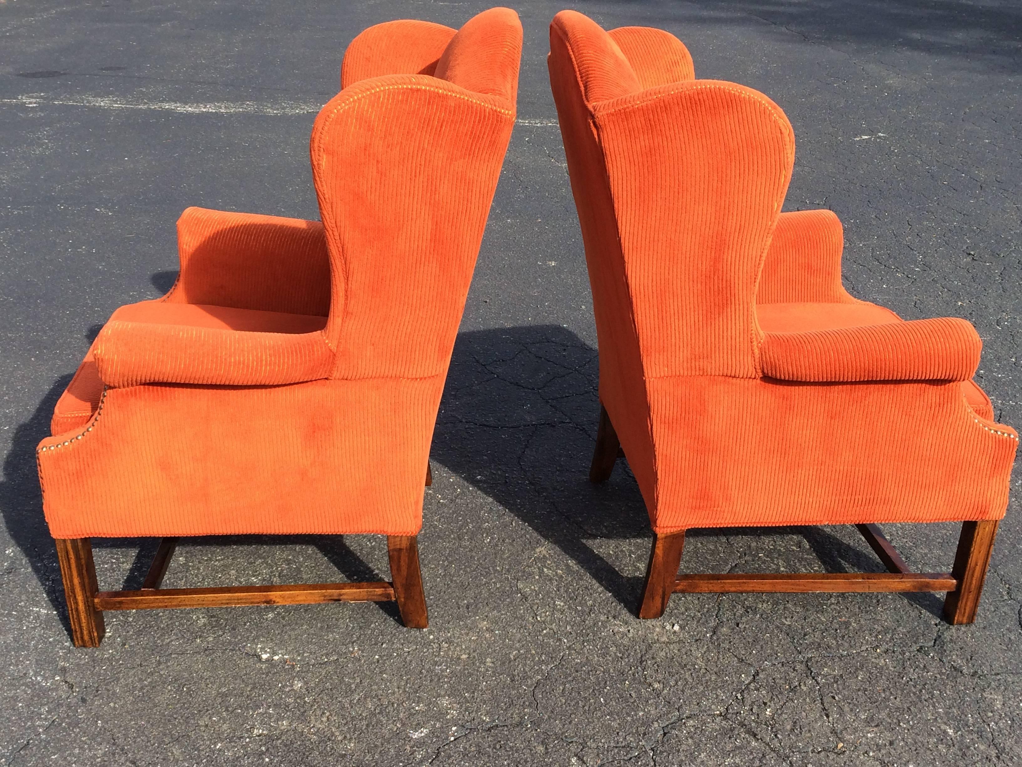 Pair of Orange Corduroy Wing Back Chairs 1