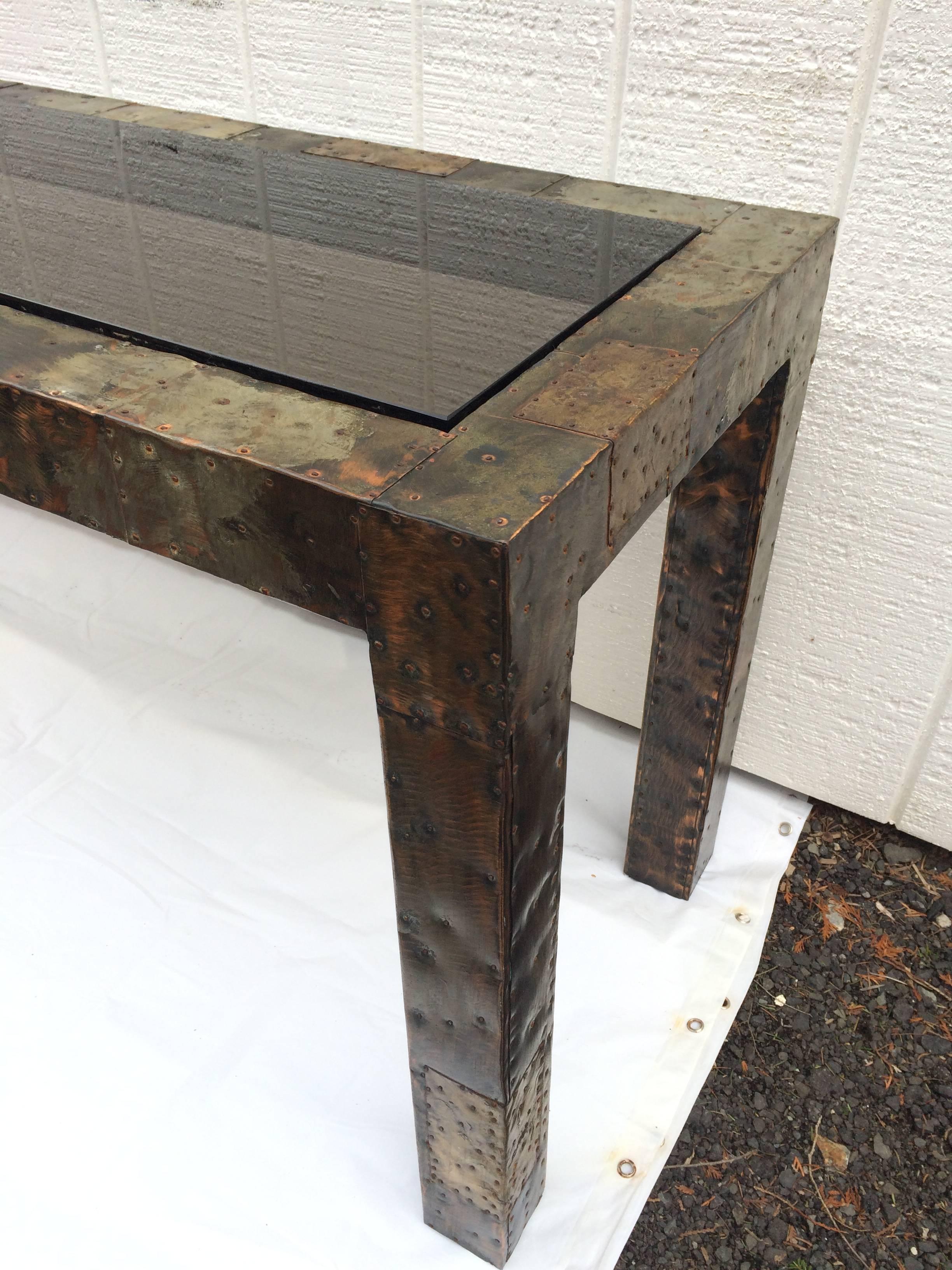 Brutalist Paul Evans Mixed Metal Patchwork Table with Smoked Glass For Sale