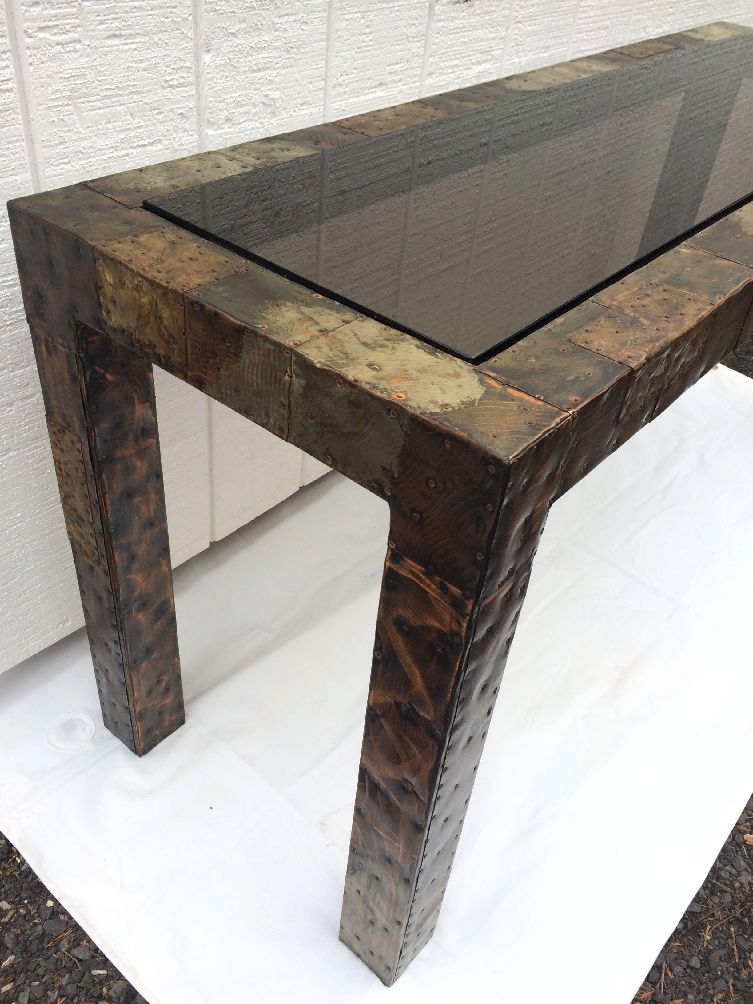 American Paul Evans Mixed Metal Patchwork Table with Smoked Glass For Sale