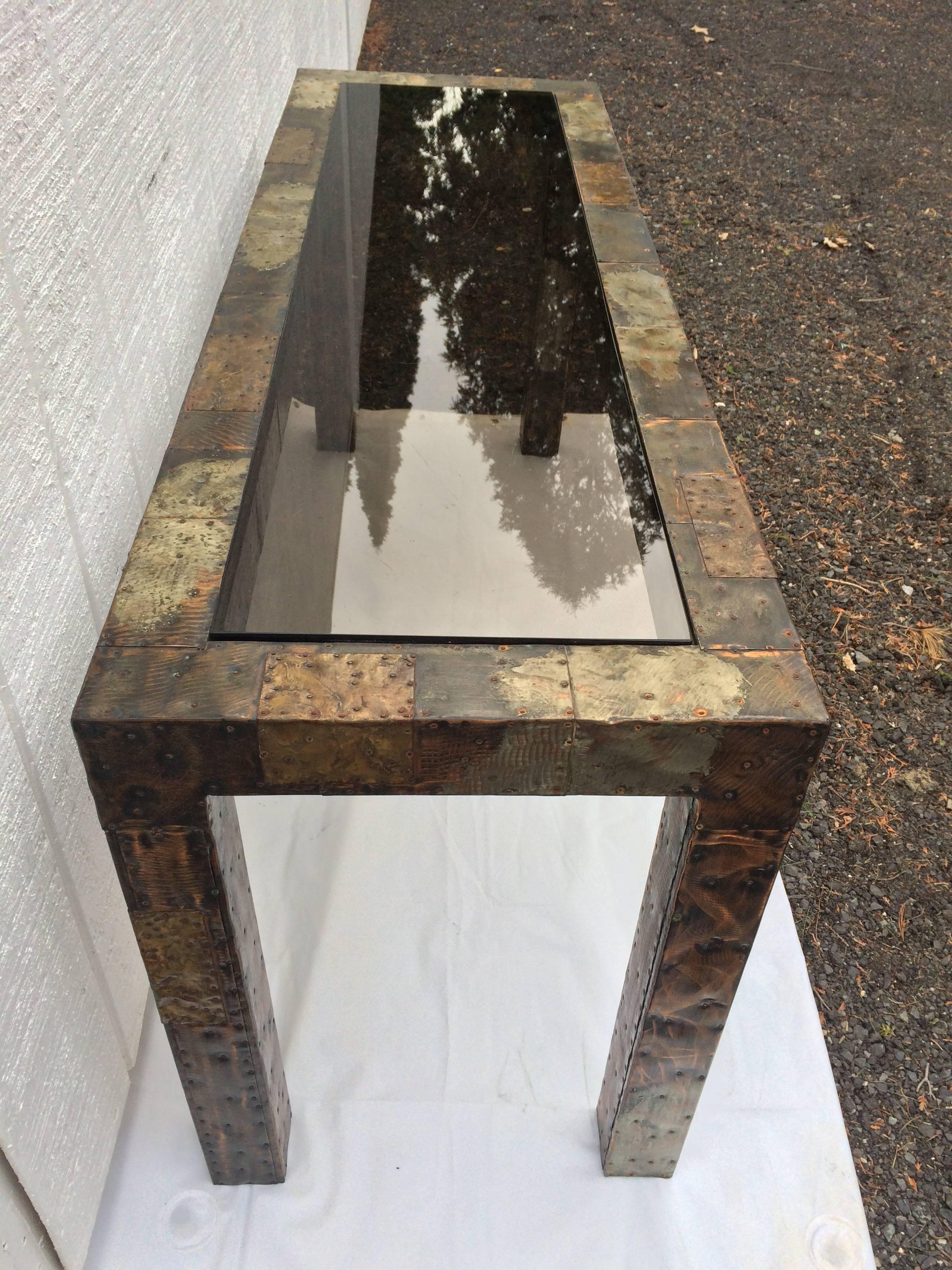 Hand-Crafted Paul Evans Mixed Metal Patchwork Table with Smoked Glass For Sale