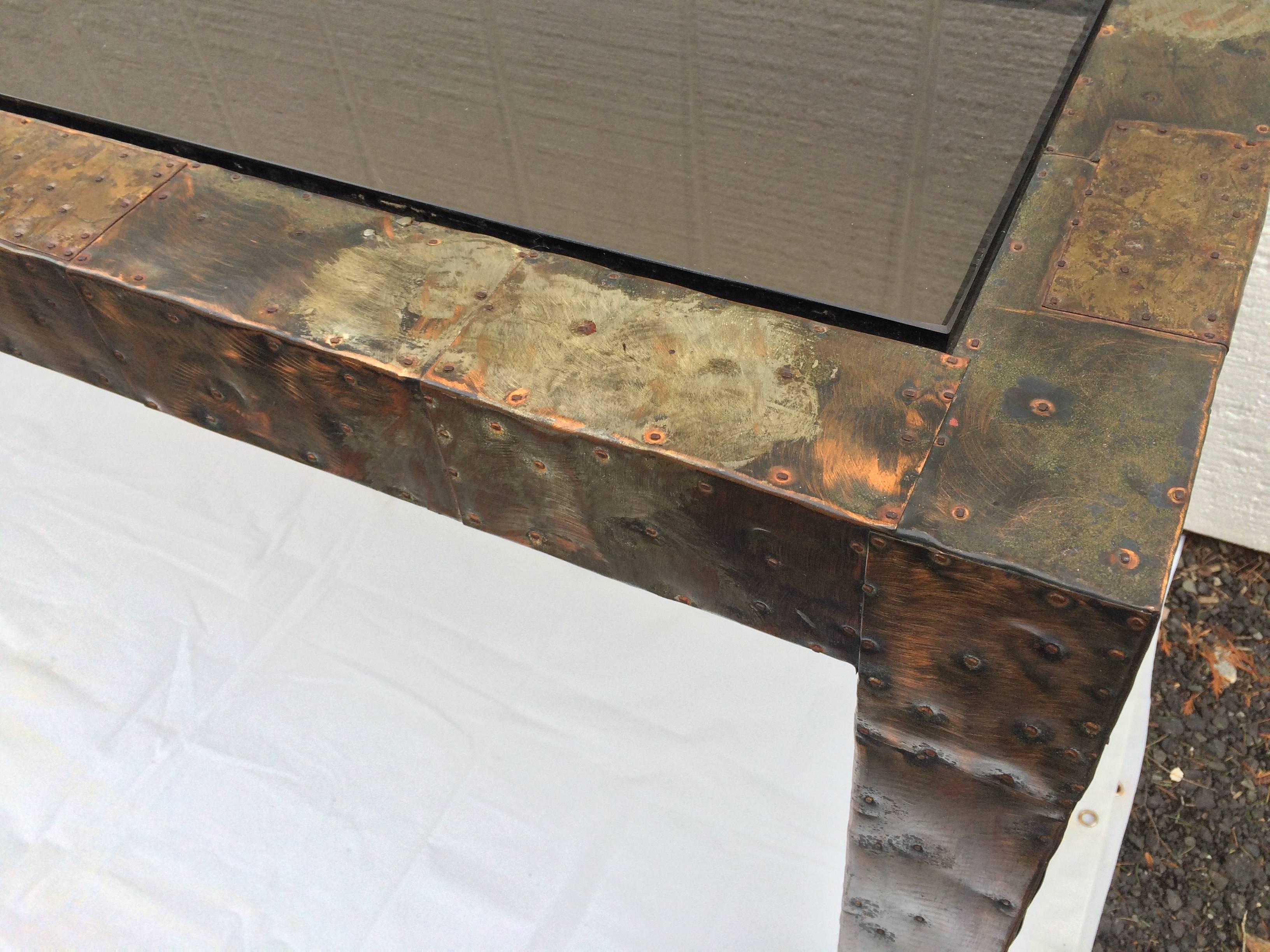 Paul Evans Mixed Metal Patchwork Table with Smoked Glass In Excellent Condition For Sale In Redding, CT