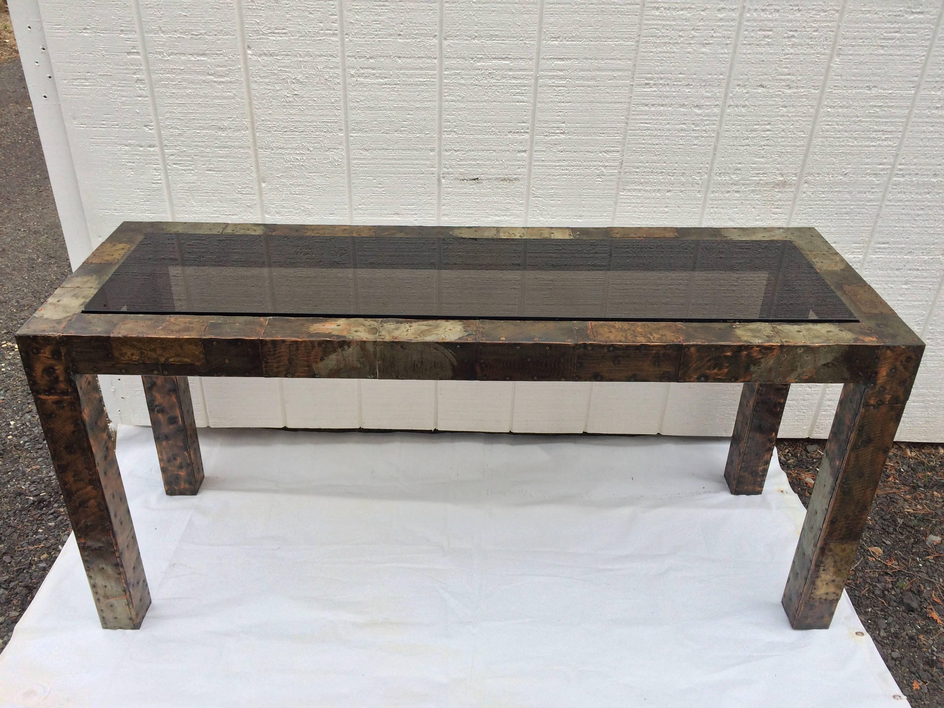 Mid-20th Century Paul Evans Mixed Metal Patchwork Table with Smoked Glass For Sale