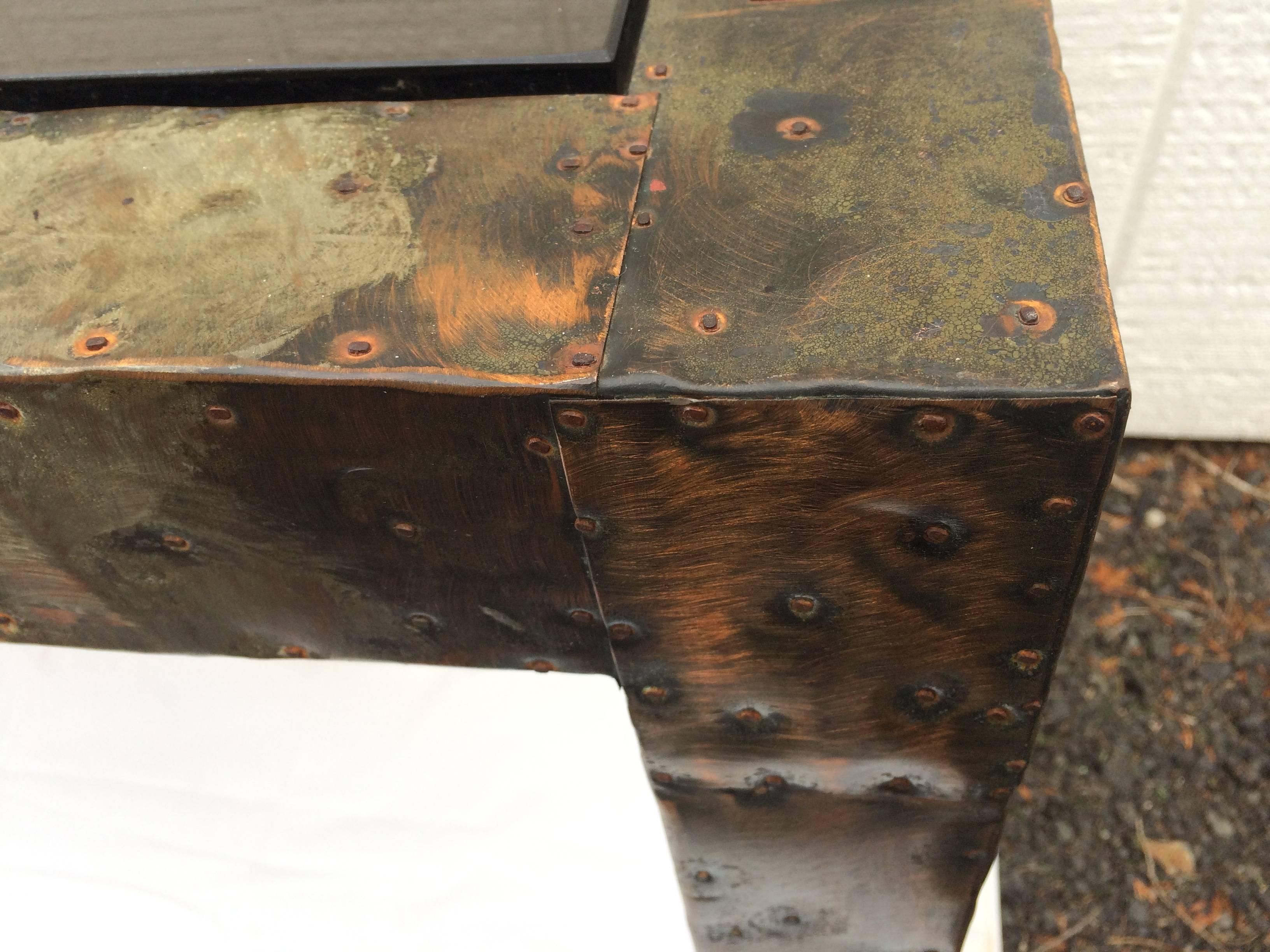 Brass Paul Evans Mixed Metal Patchwork Table with Smoked Glass For Sale
