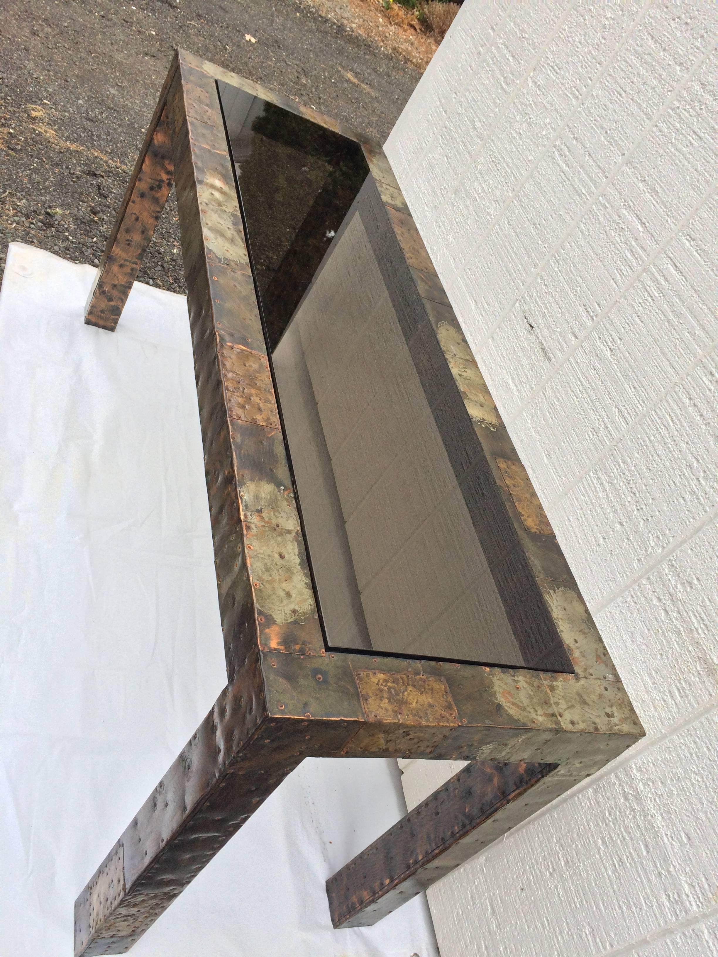 Paul Evans Mixed Metal Patchwork Table with Smoked Glass For Sale 1