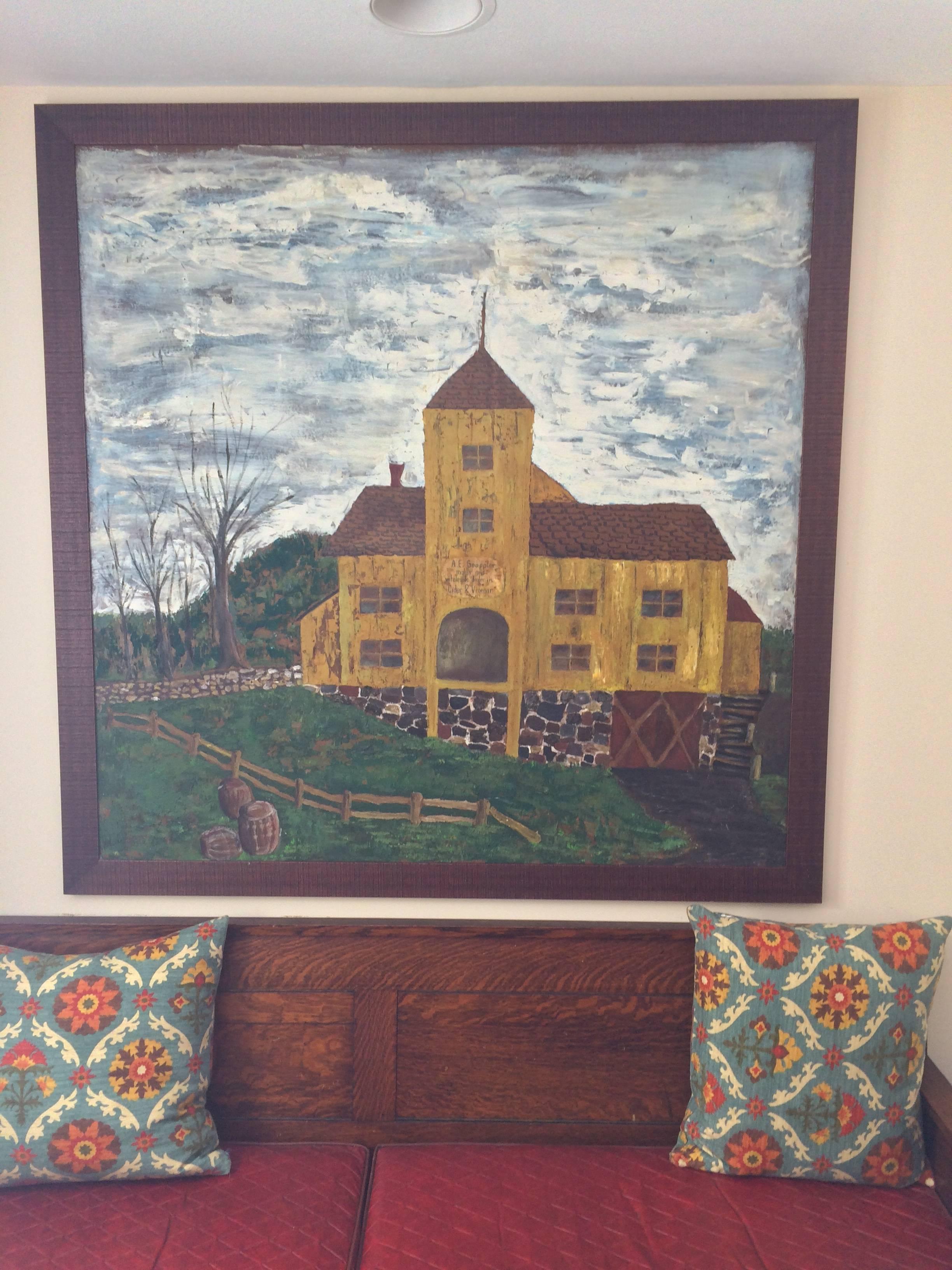 Huge Primitive folk painting of Historic cider mill. This is an unsigned oil on Masonite board. It is a very large piece measuring 53 wide x 52 3/4 high. This rustic piece would be a great statement in any Primitive or country home. 
The Geoppler