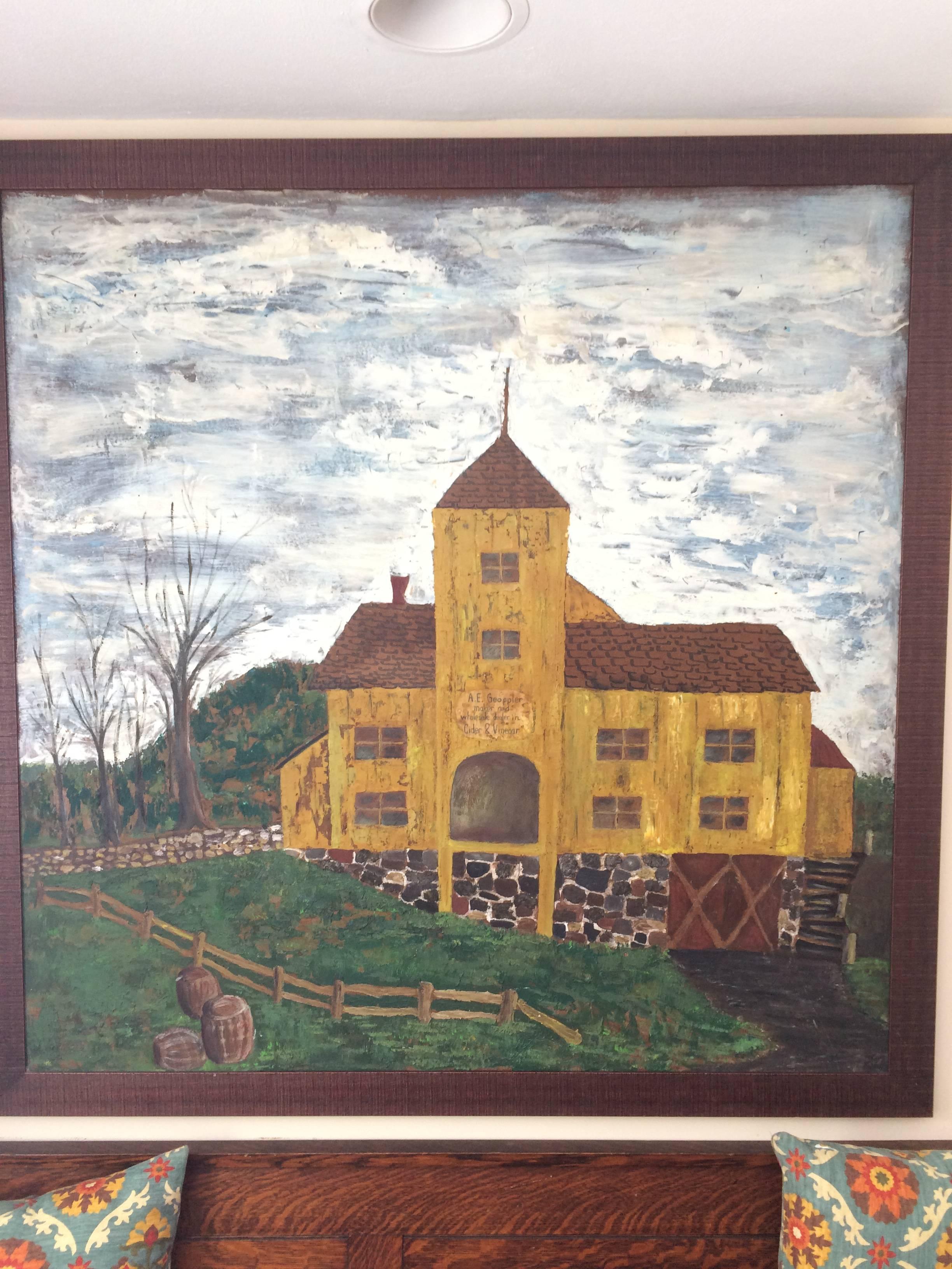 Folk Art Huge Primitive Folk Painting of Historic Cider Mill