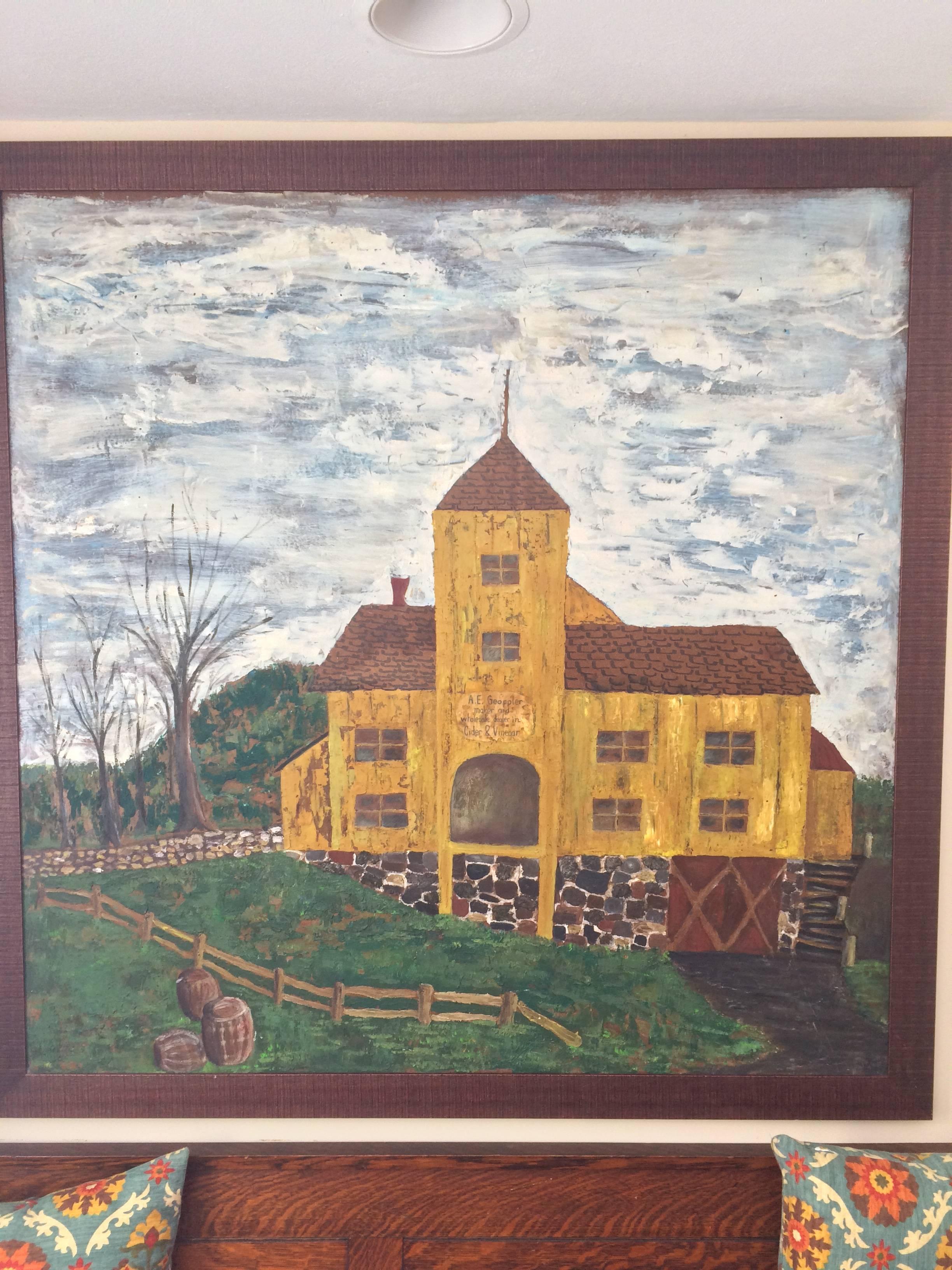 American Huge Primitive Folk Painting of Historic Cider Mill