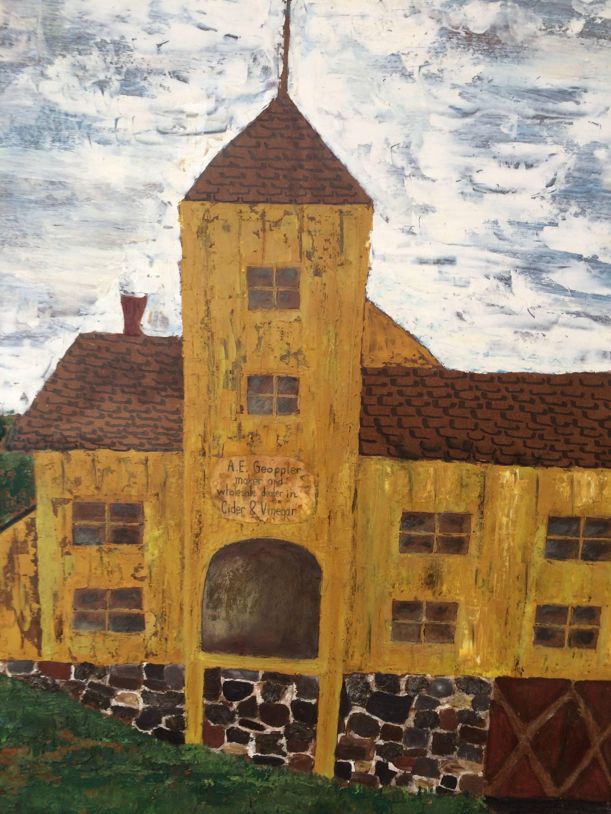 Hand-Painted Huge Primitive Folk Painting of Historic Cider Mill