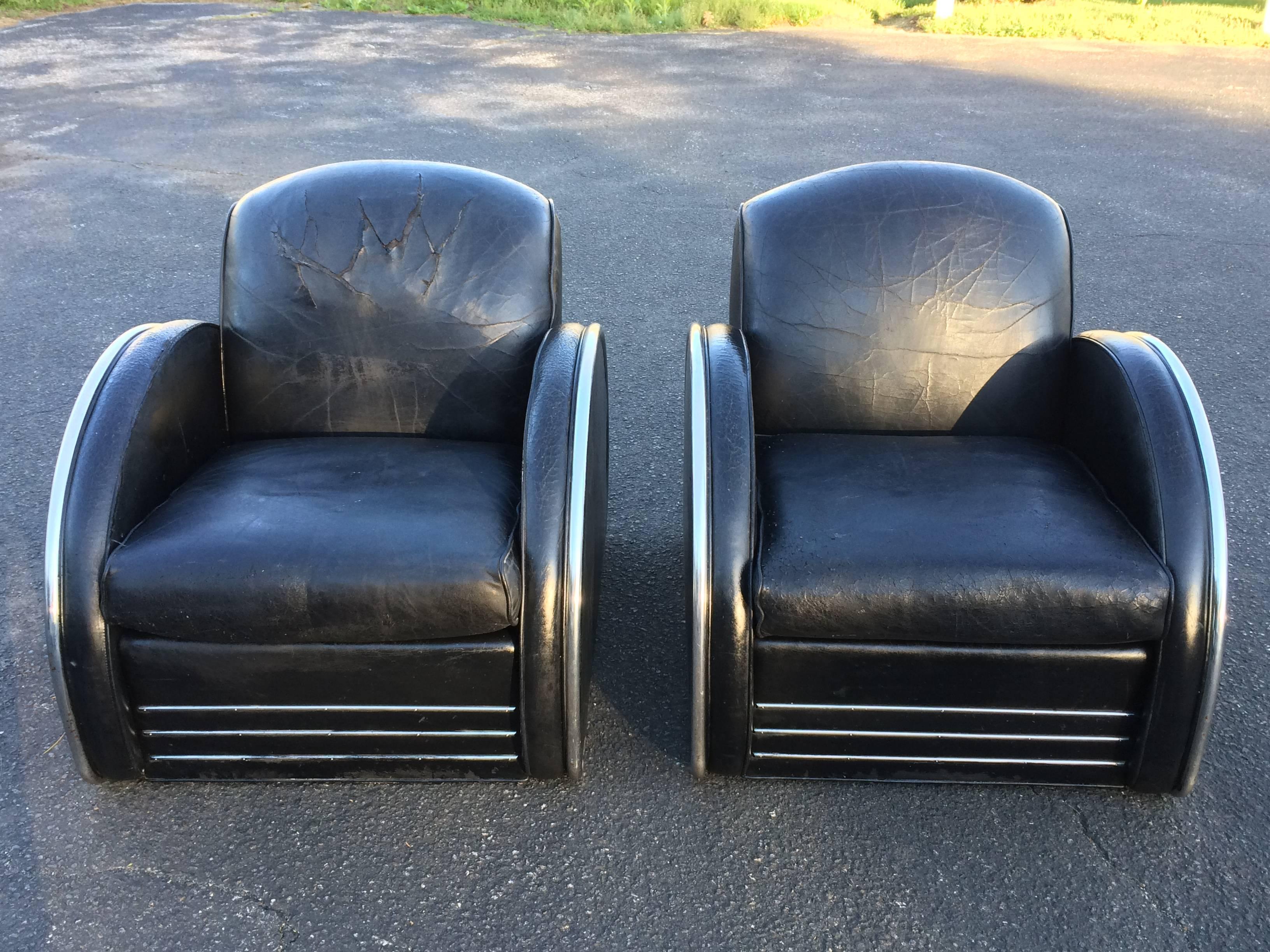 Blackened Pair of Distressed Leather Art Deco Club Chairs