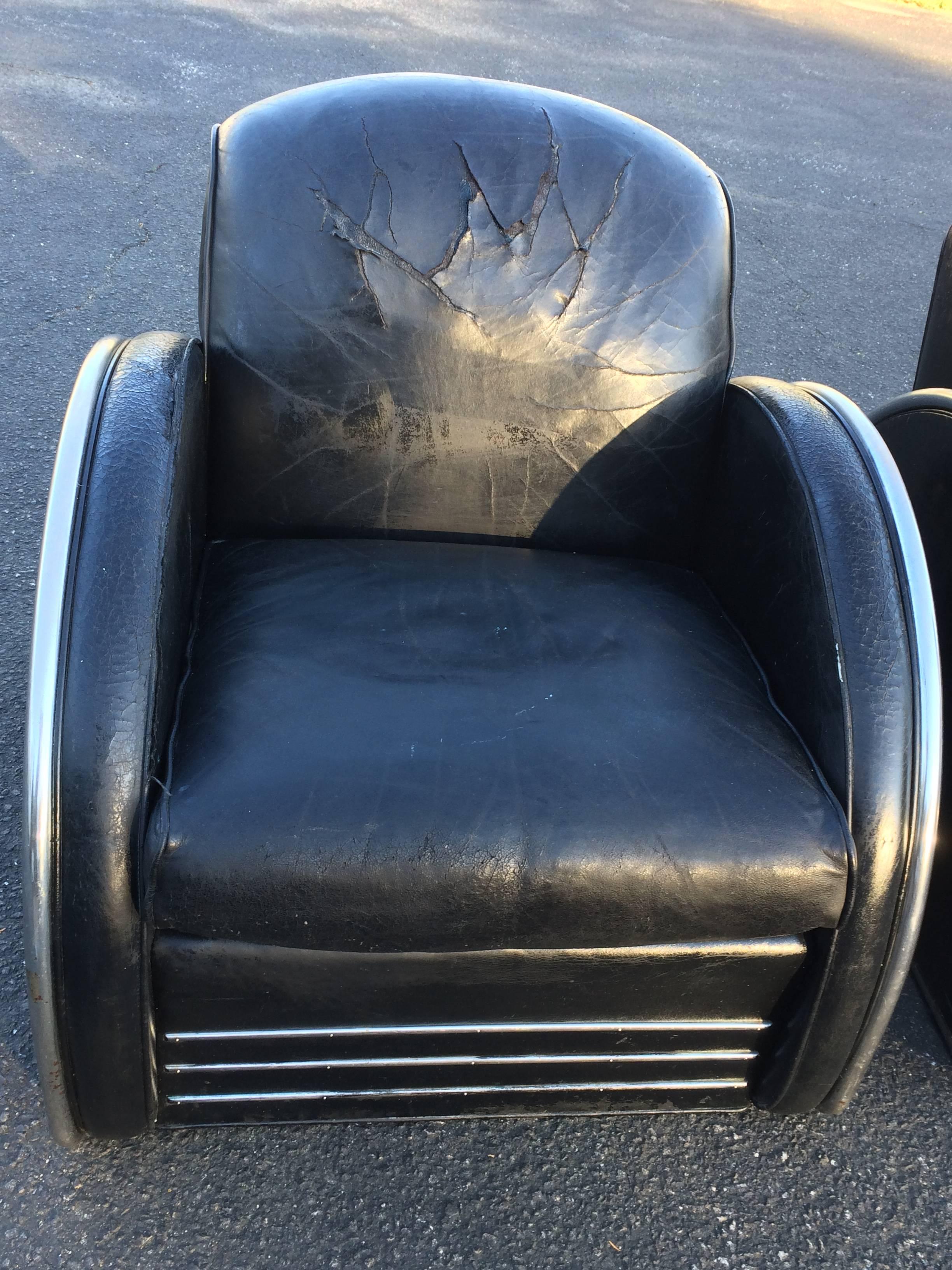 Mid-20th Century Pair of Distressed Leather Art Deco Club Chairs