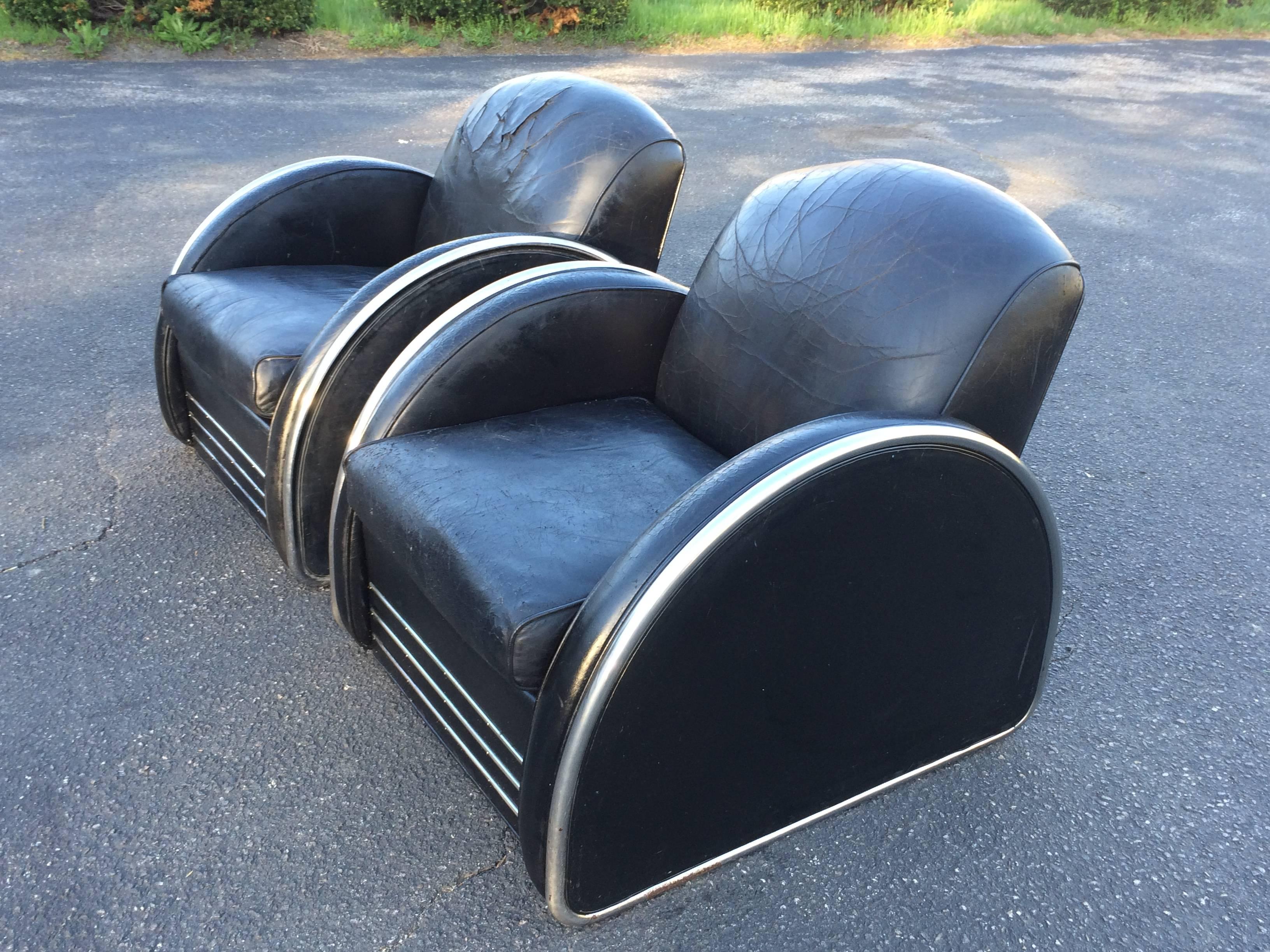 Pair of Distressed Leather Art Deco Club Chairs 5