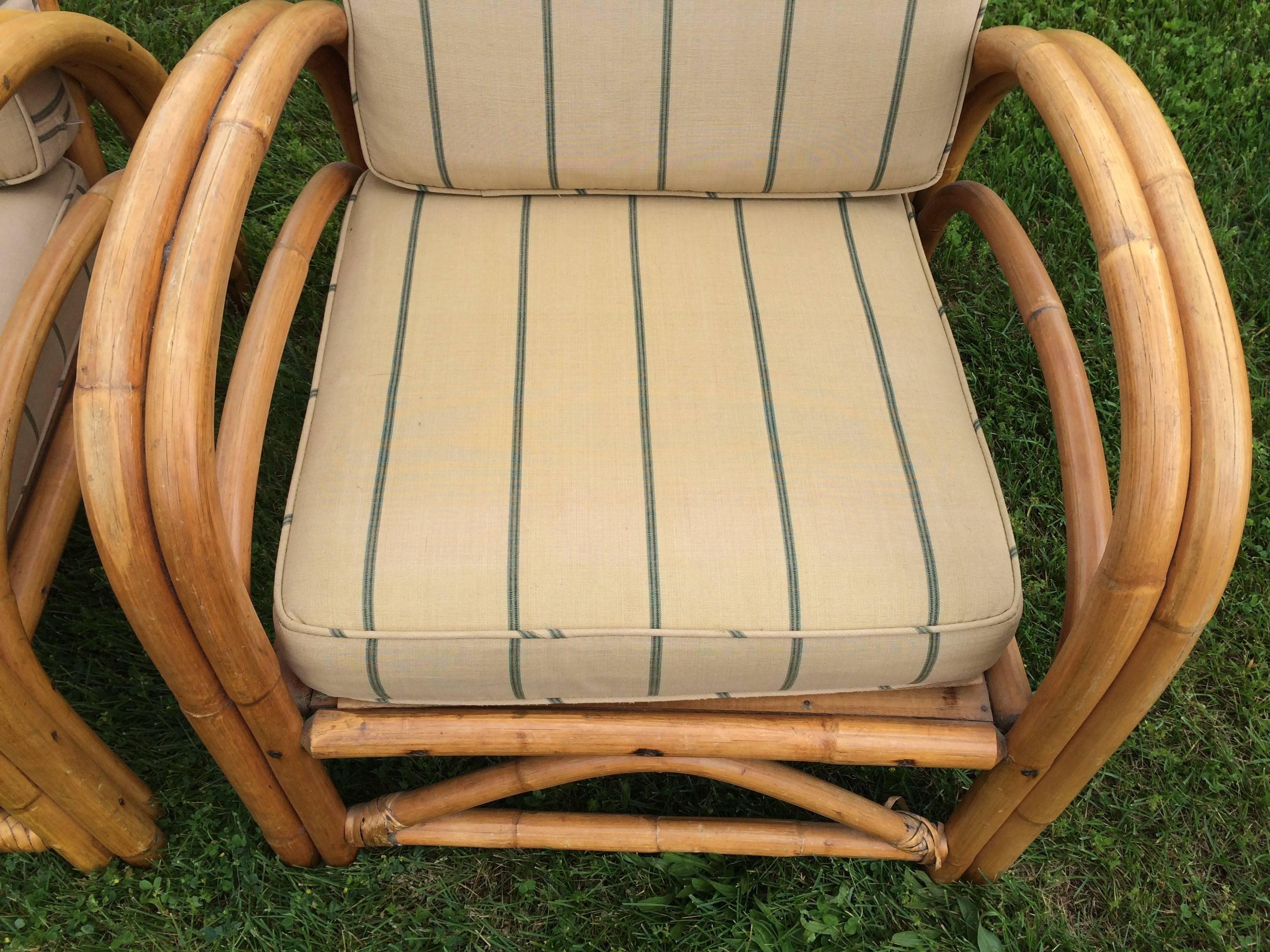 Upholstery Pair of Rattan Lounge Chairs in the style of Paul Frankl 