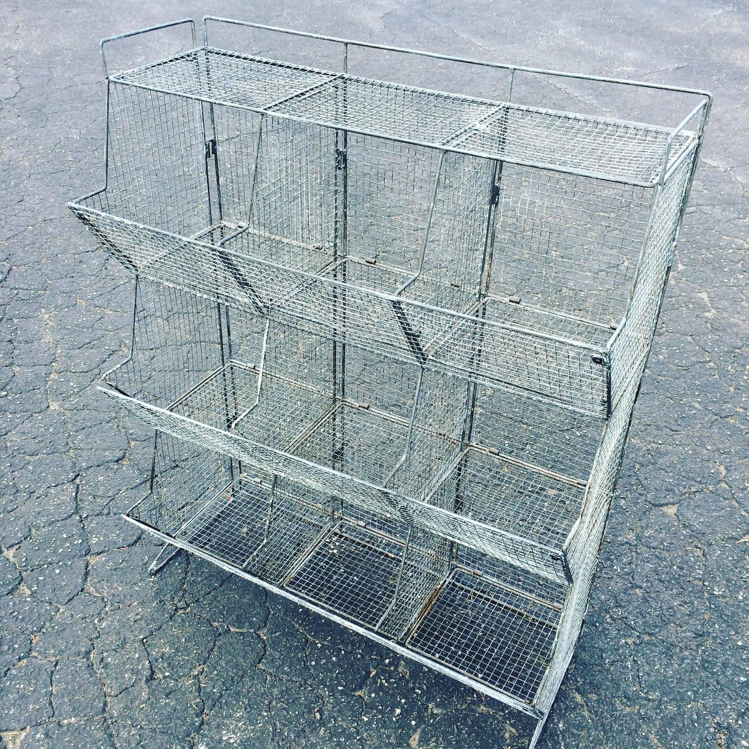 Industrial style wire mesh storage bin. Perfect for your busy mudroom. Plenty of cubbies for scarves, mittens, dog leash, suntan products, hats, baseball mitt or your little ones shoes. Or for your bathroom, towels and toiletries. Or for your