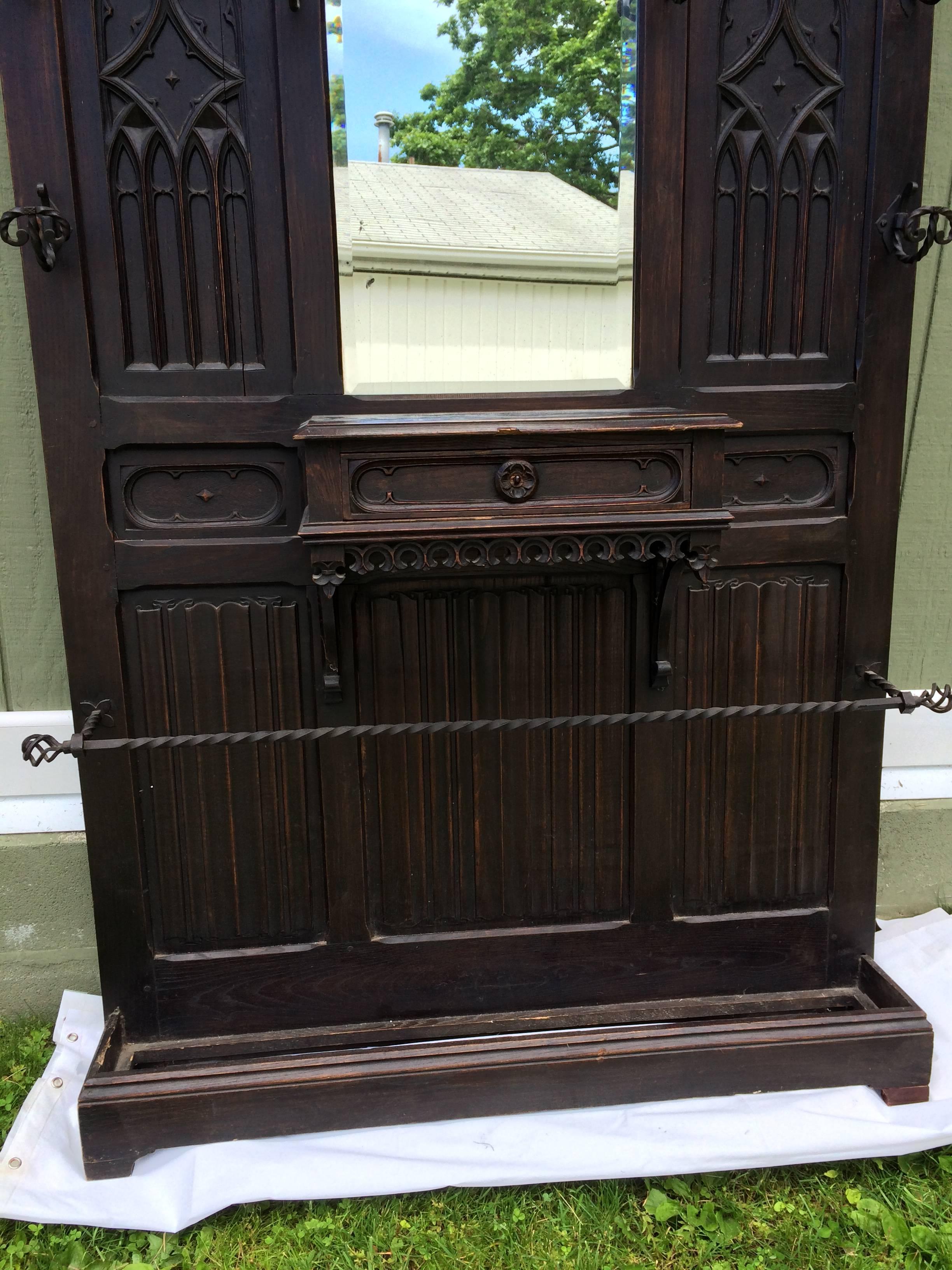 19th Century Antique Gothic Carved Walnut Hall Tree