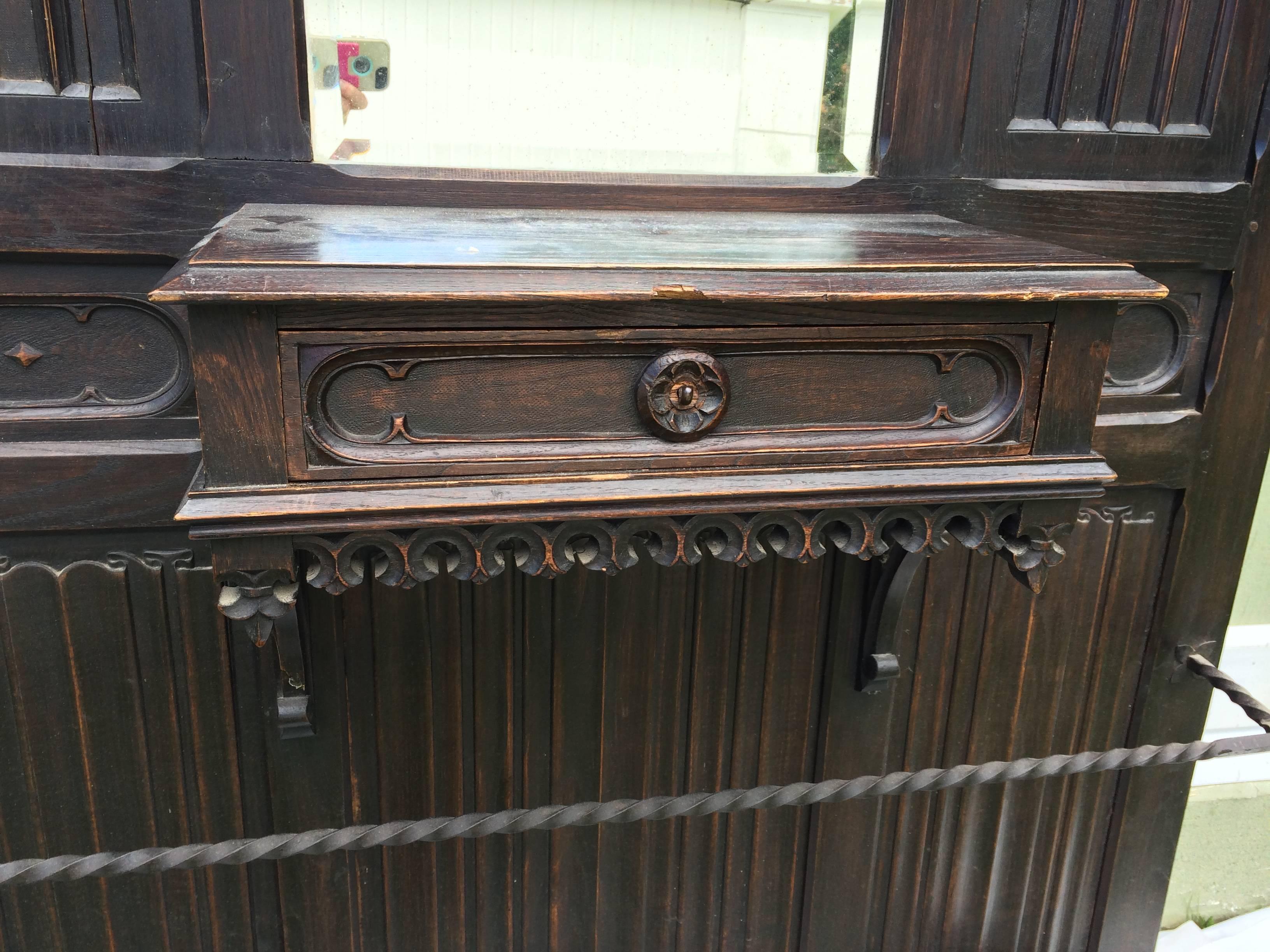 Mirror Antique Gothic Carved Walnut Hall Tree